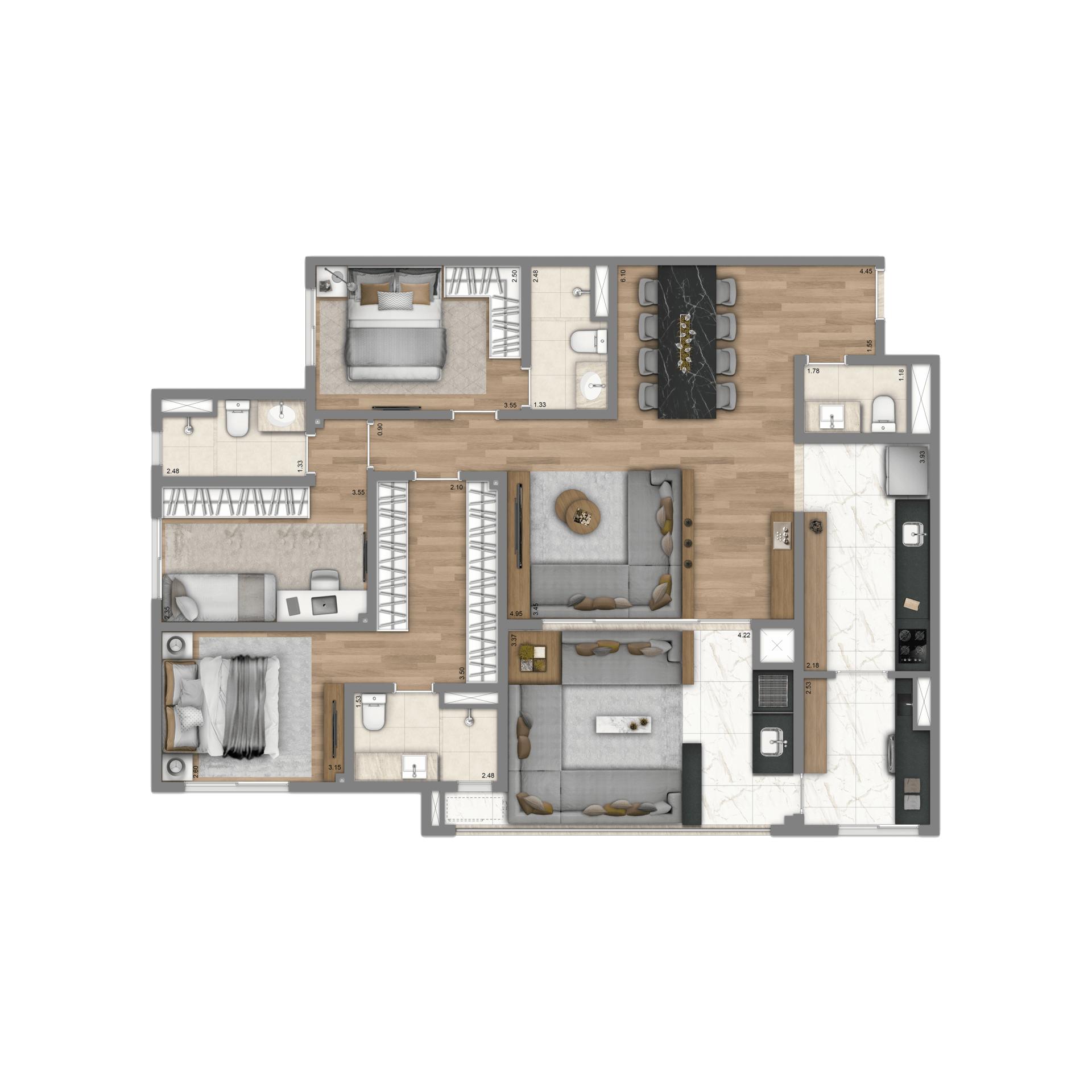 Planta-tipo 121 m² | 3 suítes (sala ampliada)