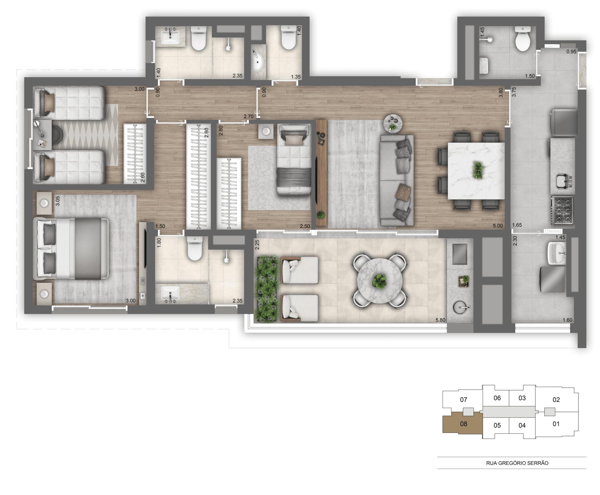 Planta-tipo 104 m² | 3 Dorms. (1 suíte)