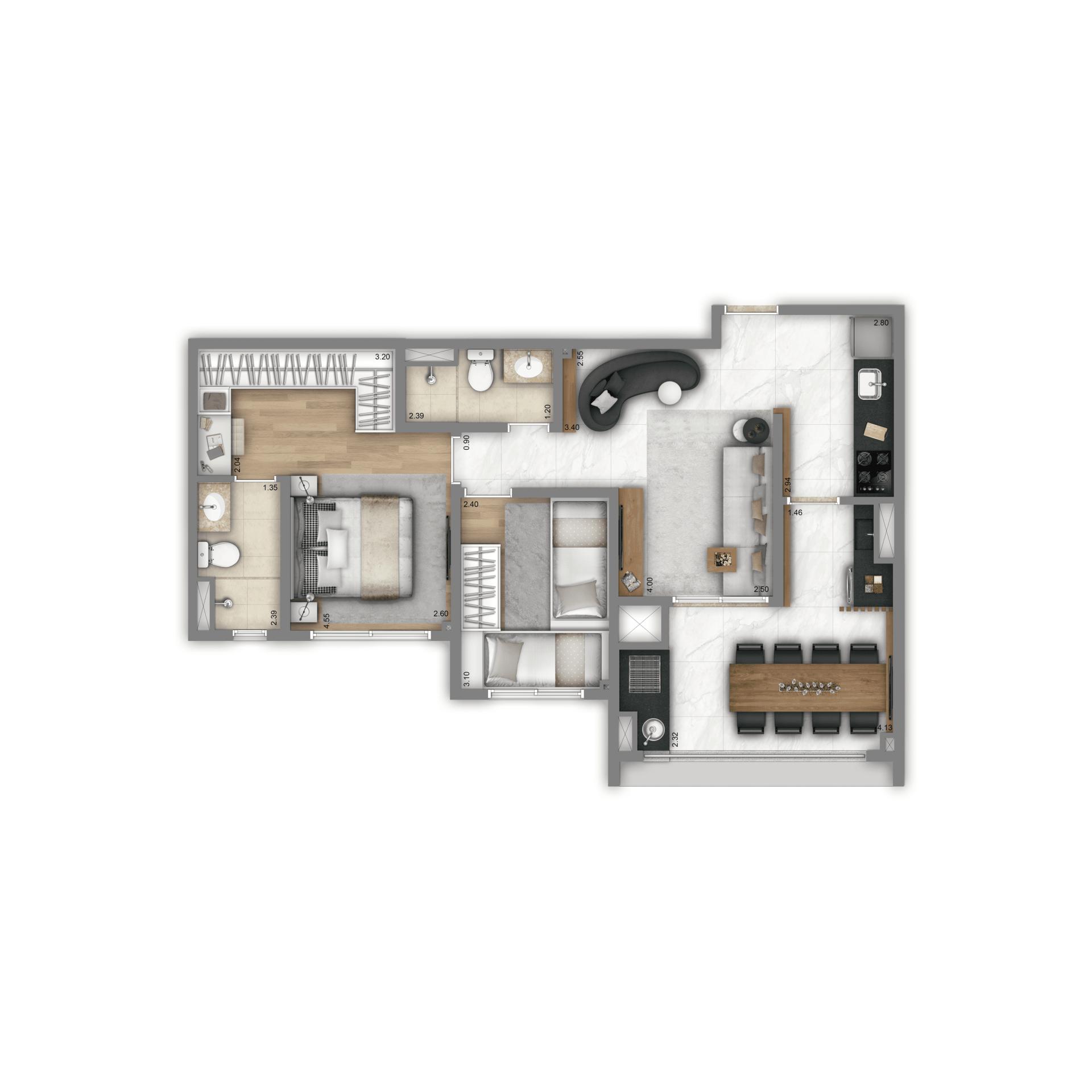 Planta Tipo 67m² | 2 dorms. | 1 suíte