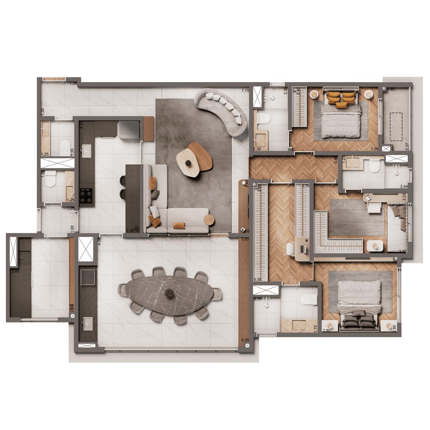 Planta Opção com 135m² | 3 suítes