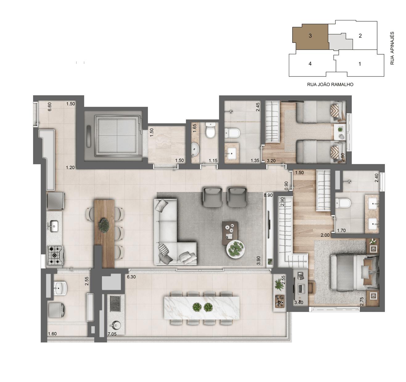 Planta Opção 115 m² I 02 Suítes