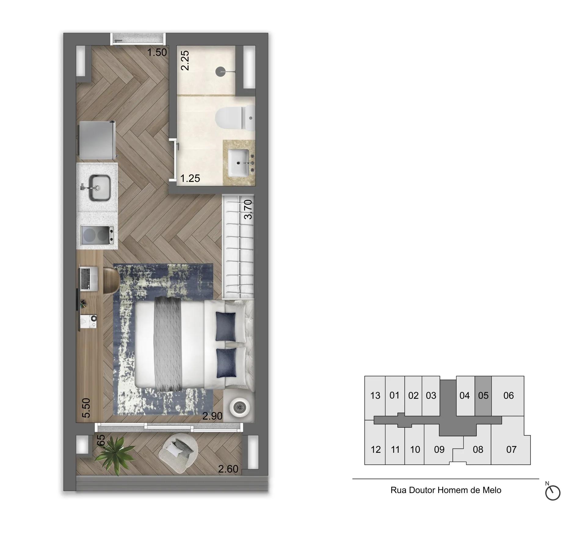 Planta-tipo 22 m² | Studio