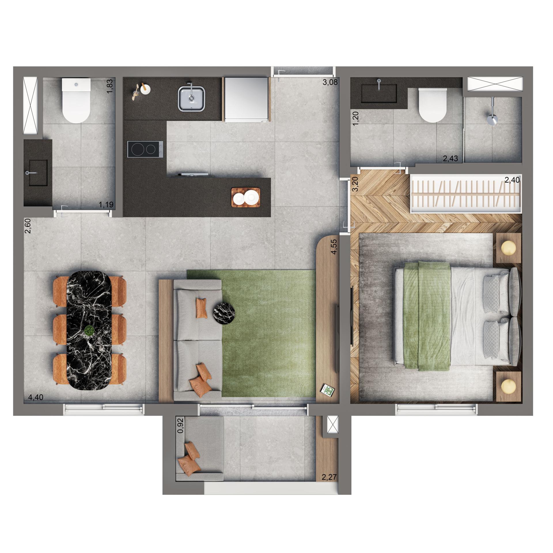 Planta Opção 37m² | 1 suíte | Lavabo