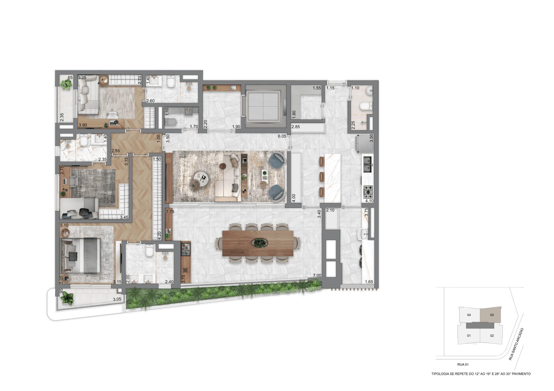 Planta Opção II - 169 m² | 3 Suítes