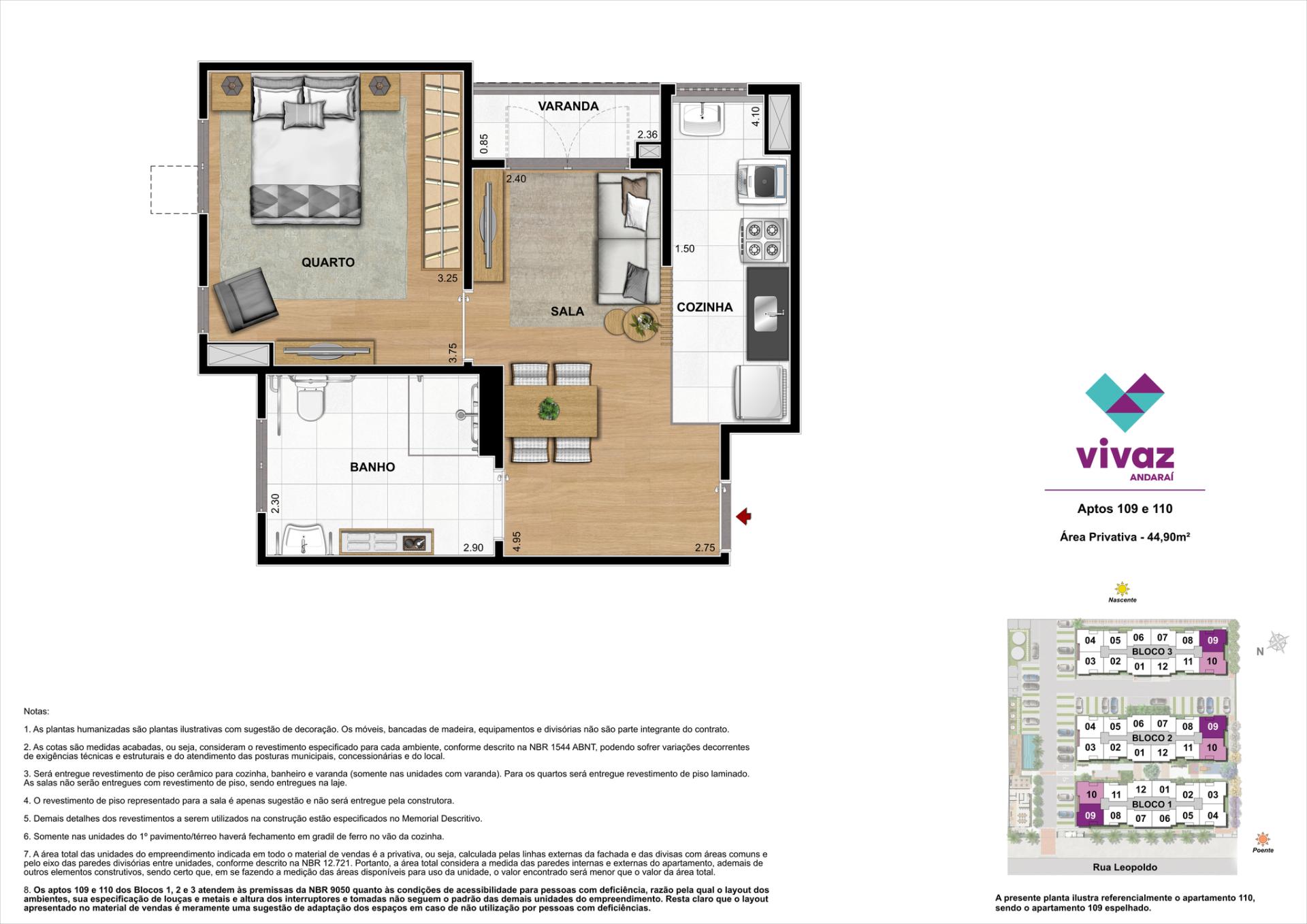 Área Privativa 44,90 m²