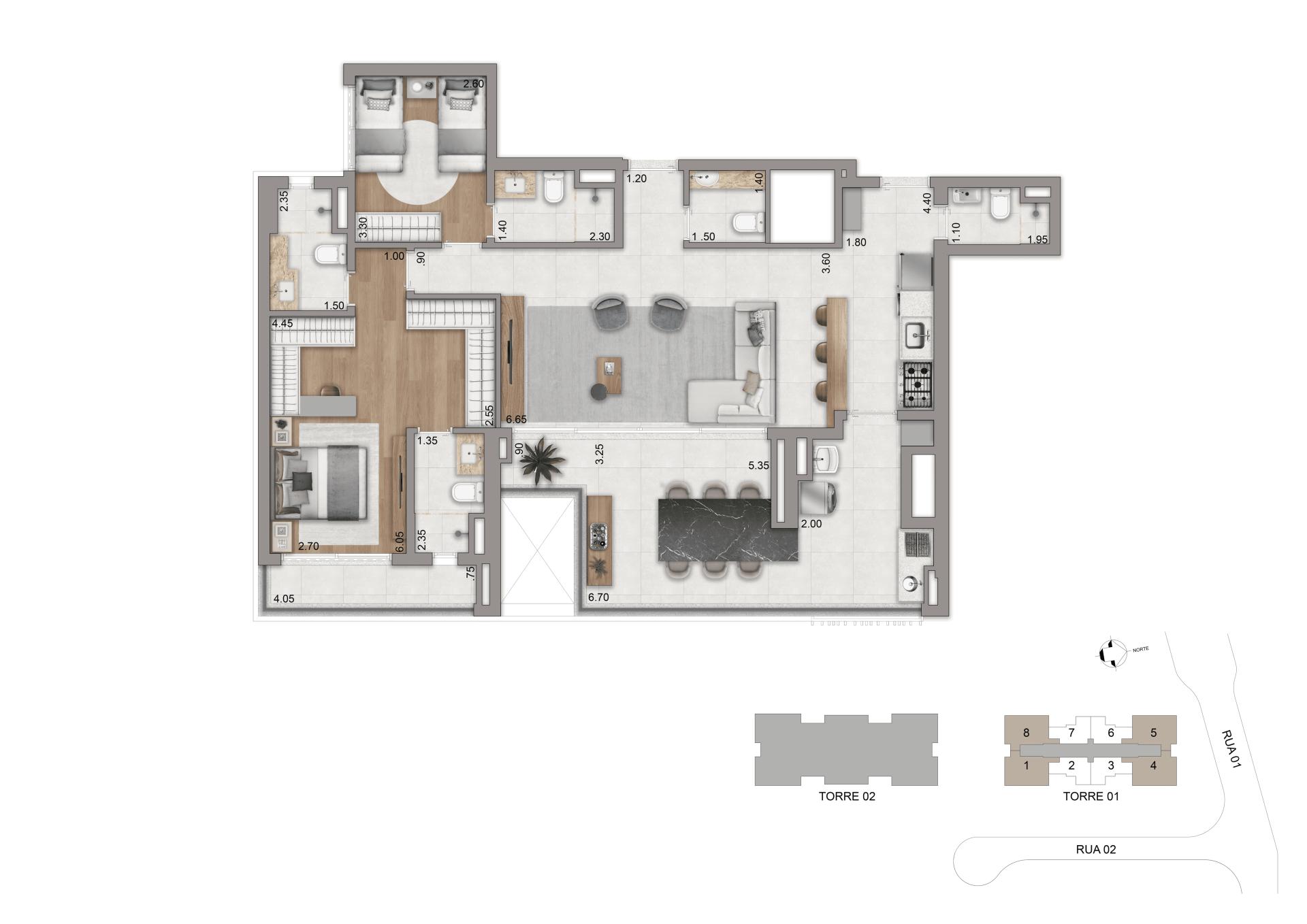 Planta opção 123 m² | 3 suítes