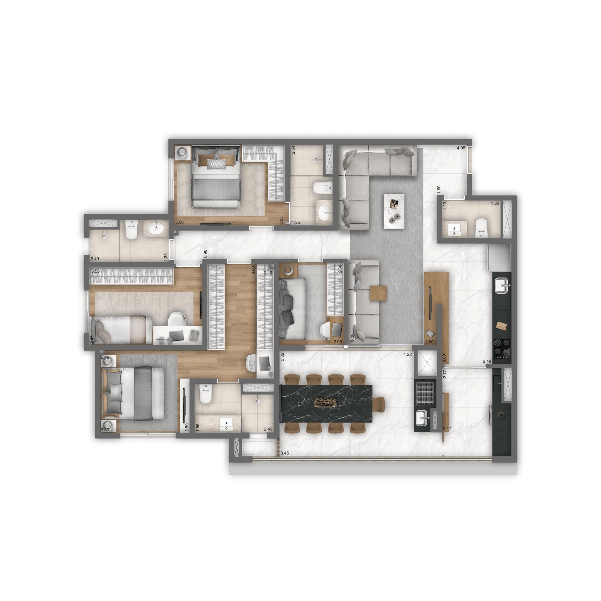 Planta Opção 121 m² | 4 dorms. | 2 suítes