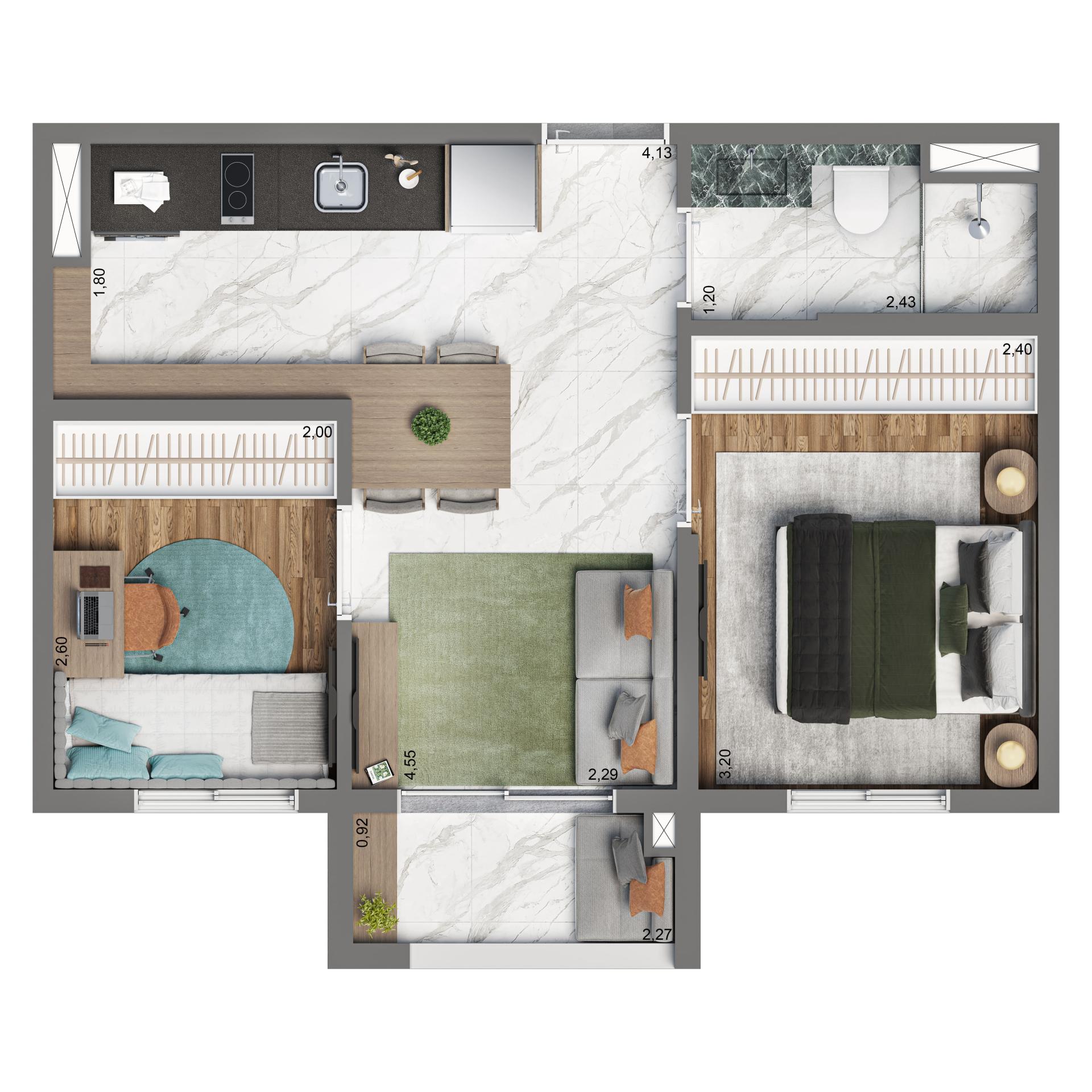 Planta Padrão 37m² | 2 dorms.