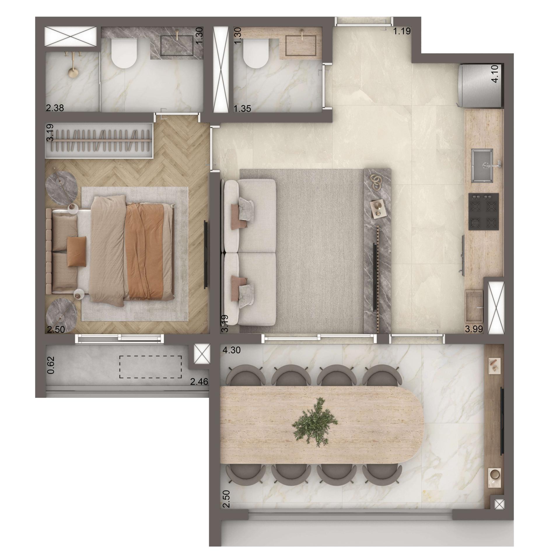 Planta Opção 47m² | 1 suíte | Cozinha Integrada | 1 vaga