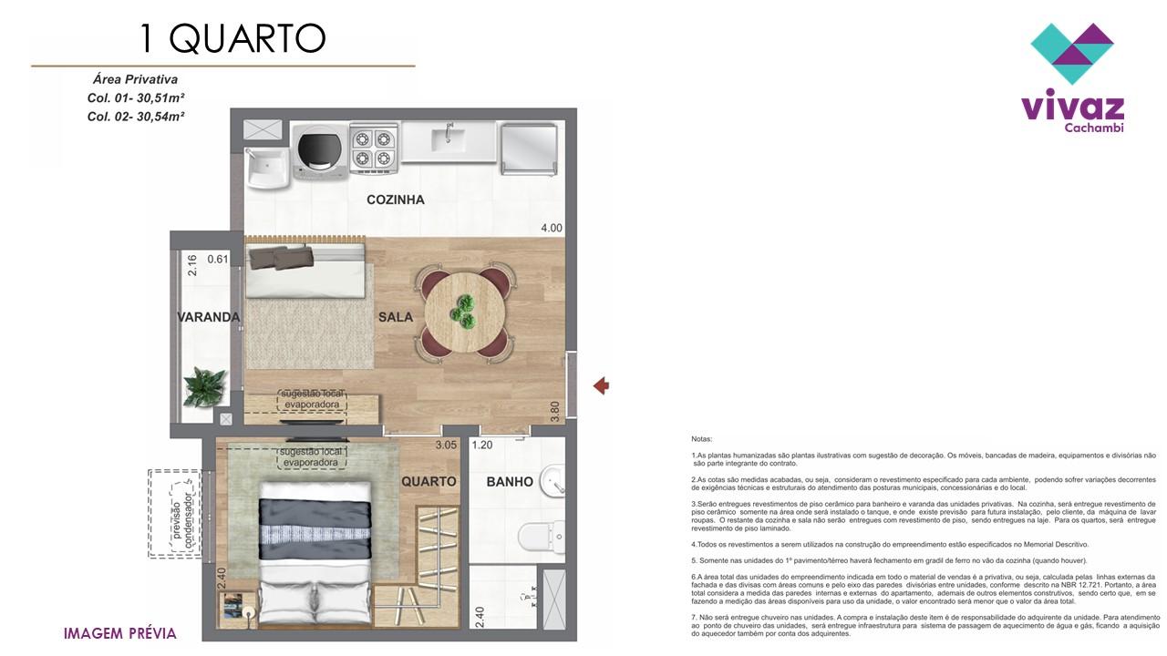 Área privativa - 30,51 a 30,54m² - 1 quarto