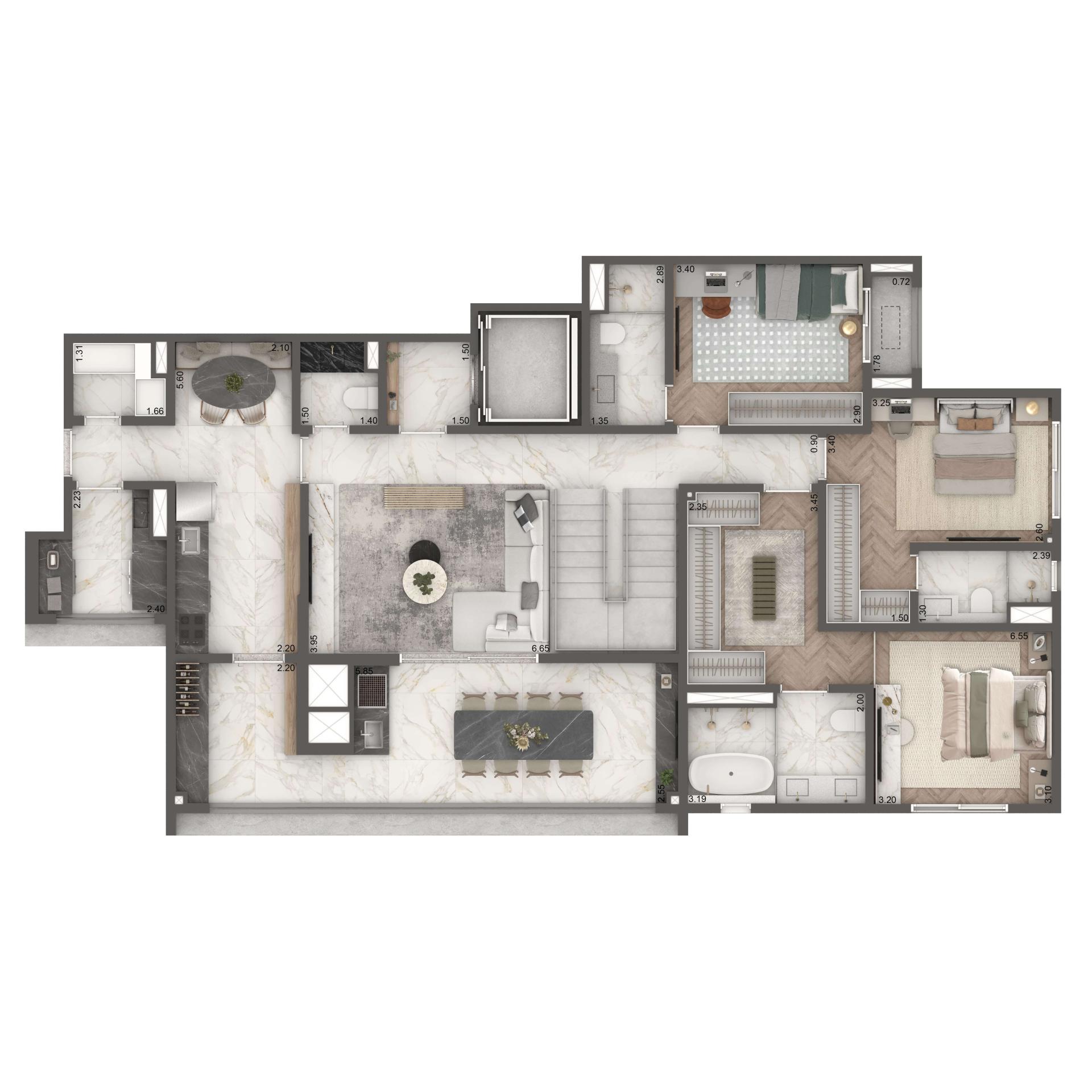 Planta Duplex Inferior 265m² | 4 suítes | Cozinha Fechada e Despensa