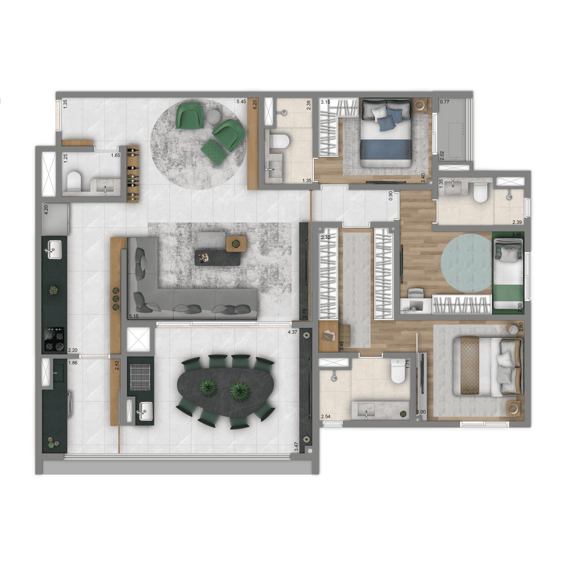 Planta Tipo 126m² | 3 suítes