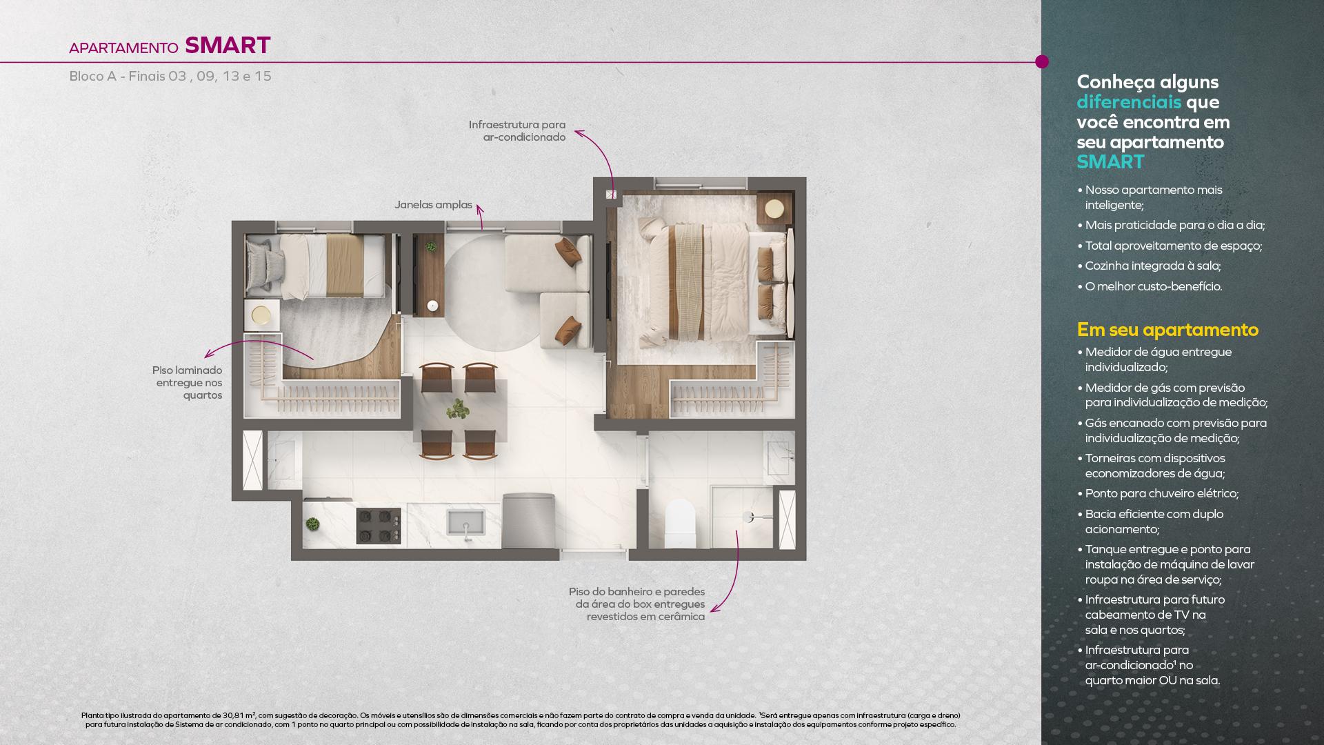 APARTAMENTO SMART - BLOCO A (FINAIS 03, 09, 13 e 15)