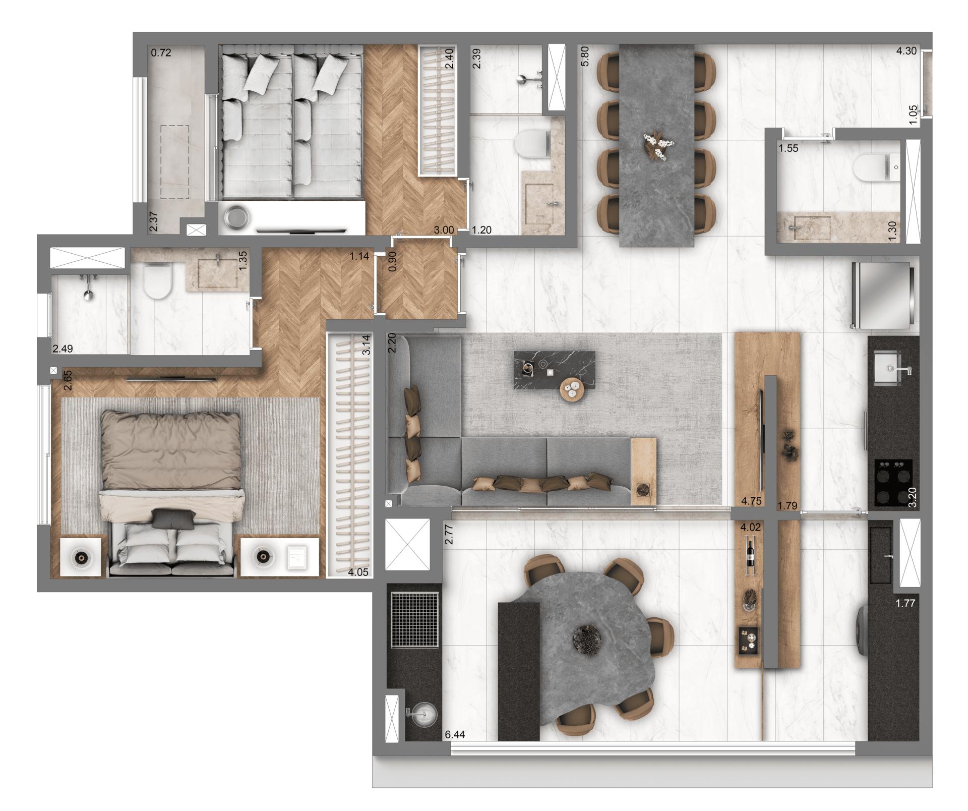 Planta Opção 87 m² | 2 suítes