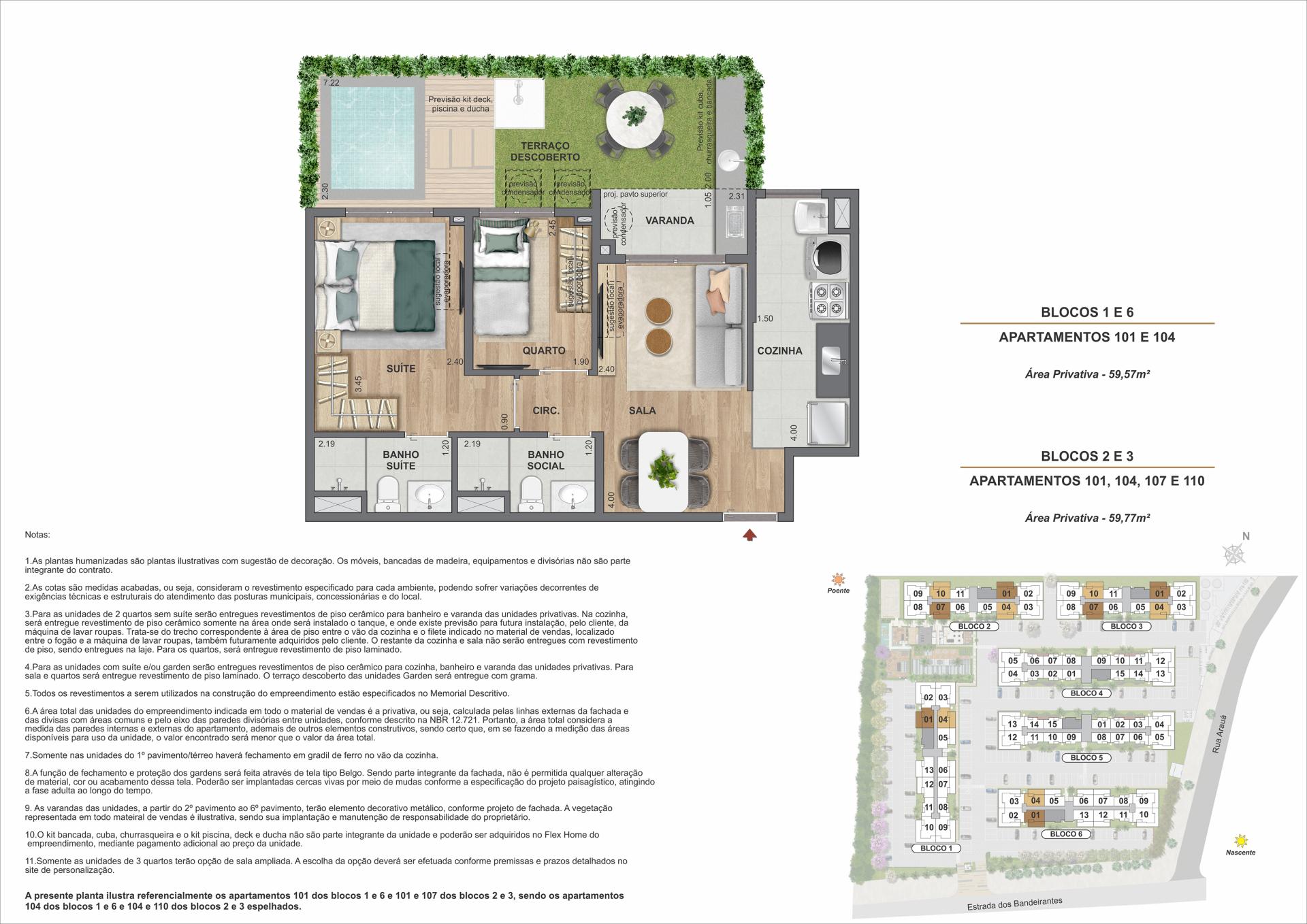 2 quartos 1 Suíte - Opção Garden - Área privativa: 59,57m² até 59,77m²
