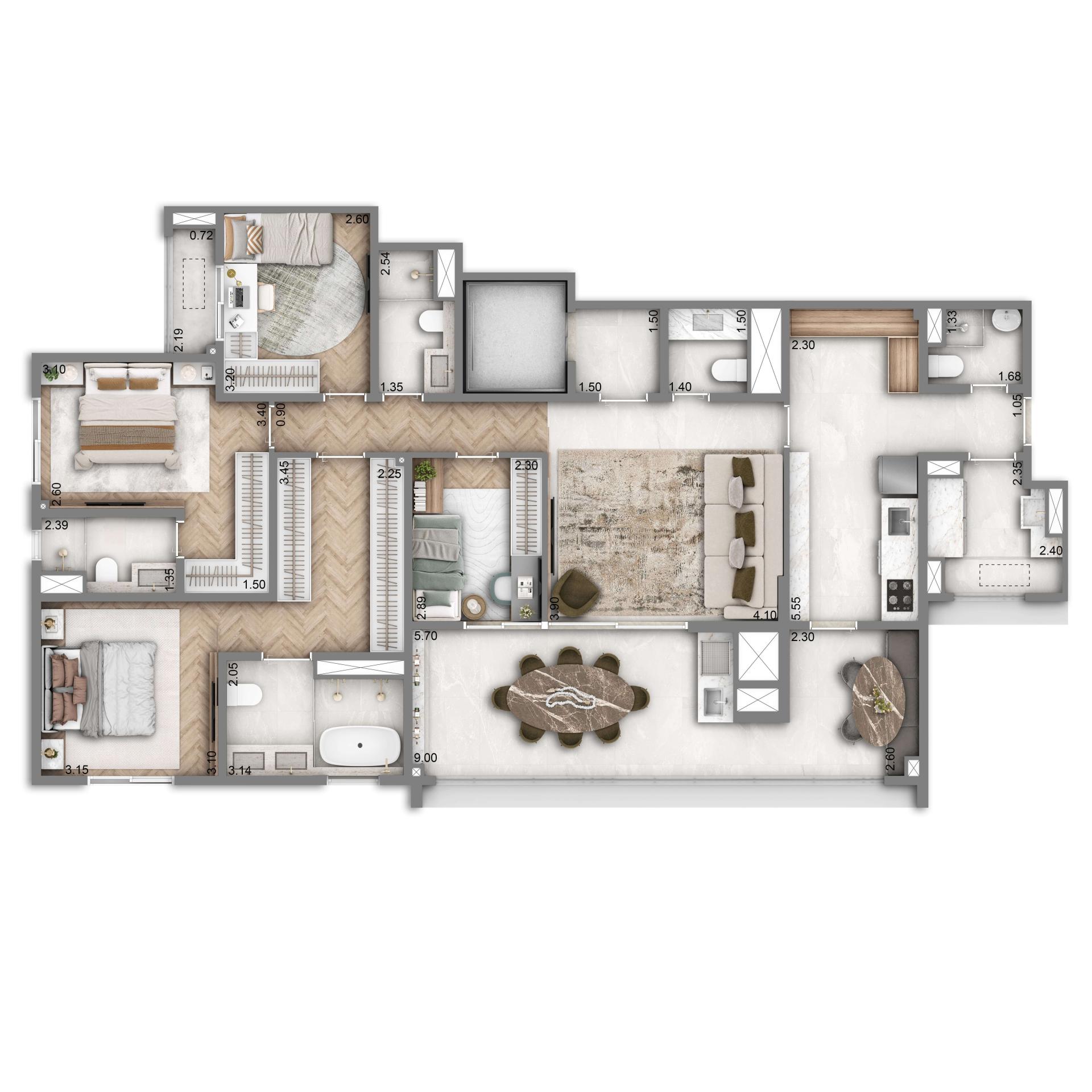 Planta Opção 1 147m² | 4 dorms. | 2 vagas