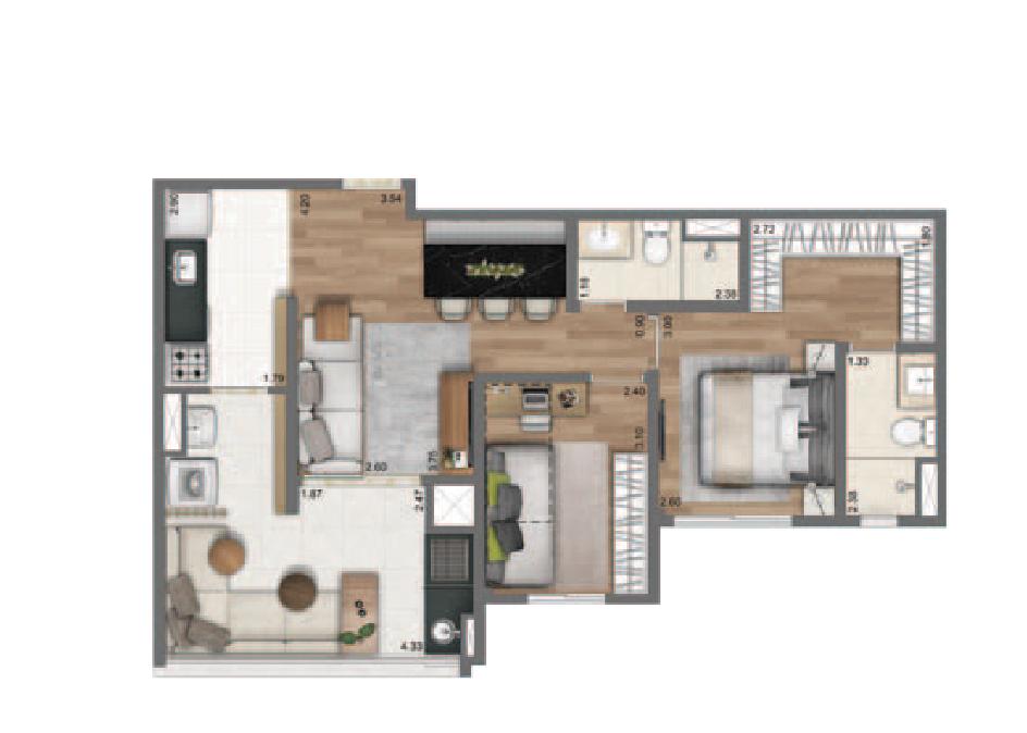 Planta 67m² | 2 Dorms. | 1 suíte
