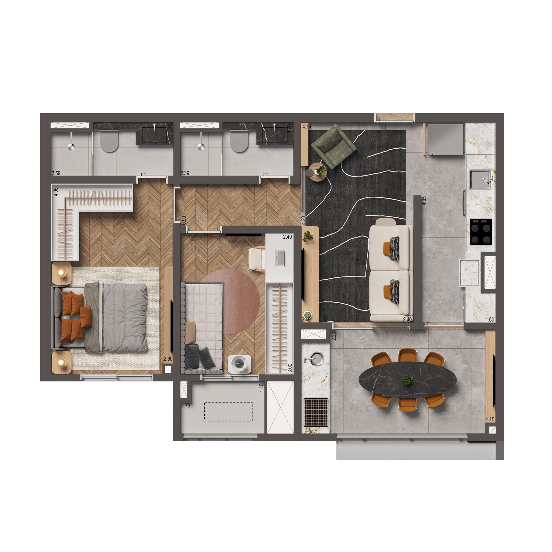 Planta Padrão 62m² | 1 dorm. | 1 suíte