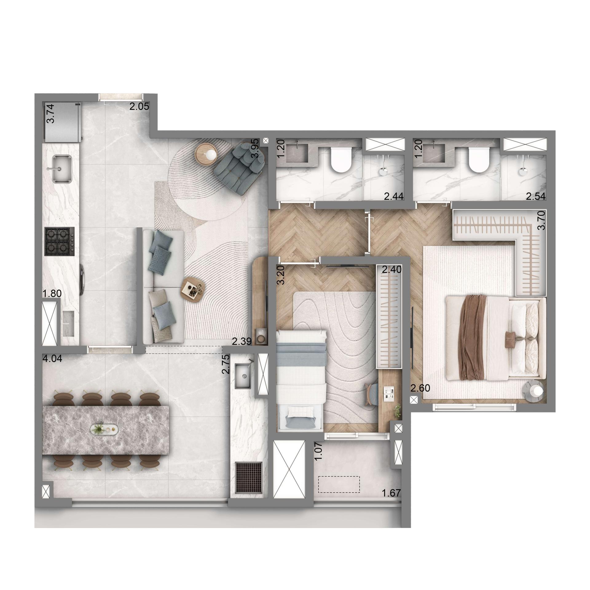 Planta Opção 65m² | 2 Dorms. | 1 Vaga