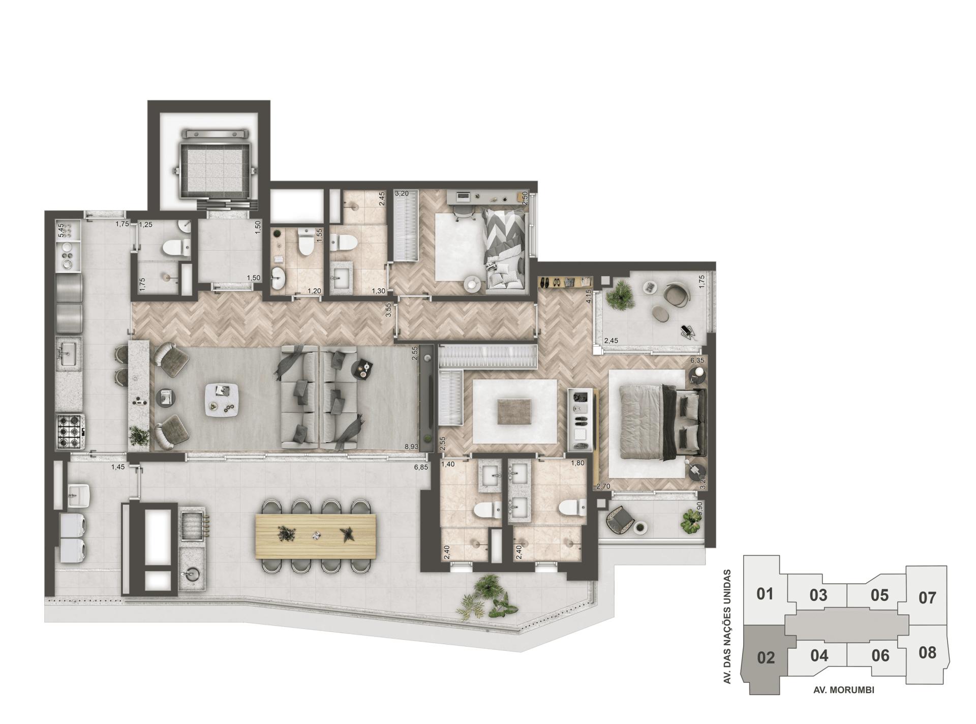 Planta Opção 140 m² | 2 Suítes