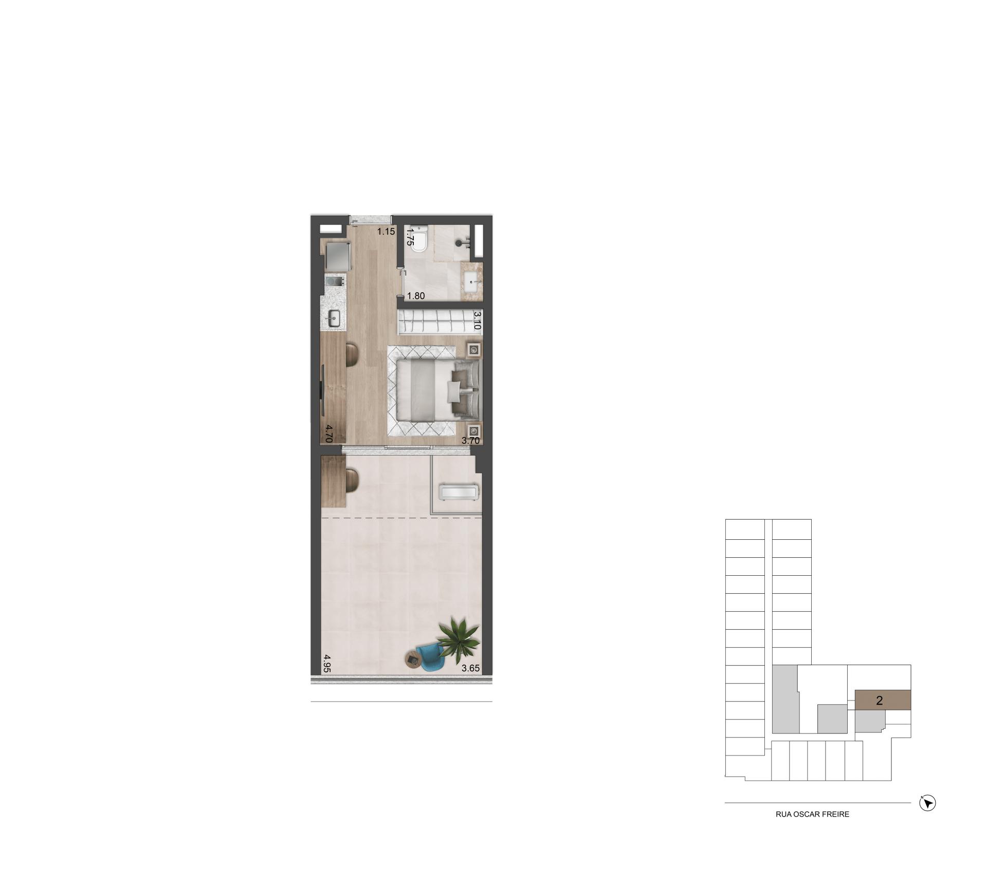 Planta Studio 25 m² I Terraço Técnico e Jardim
