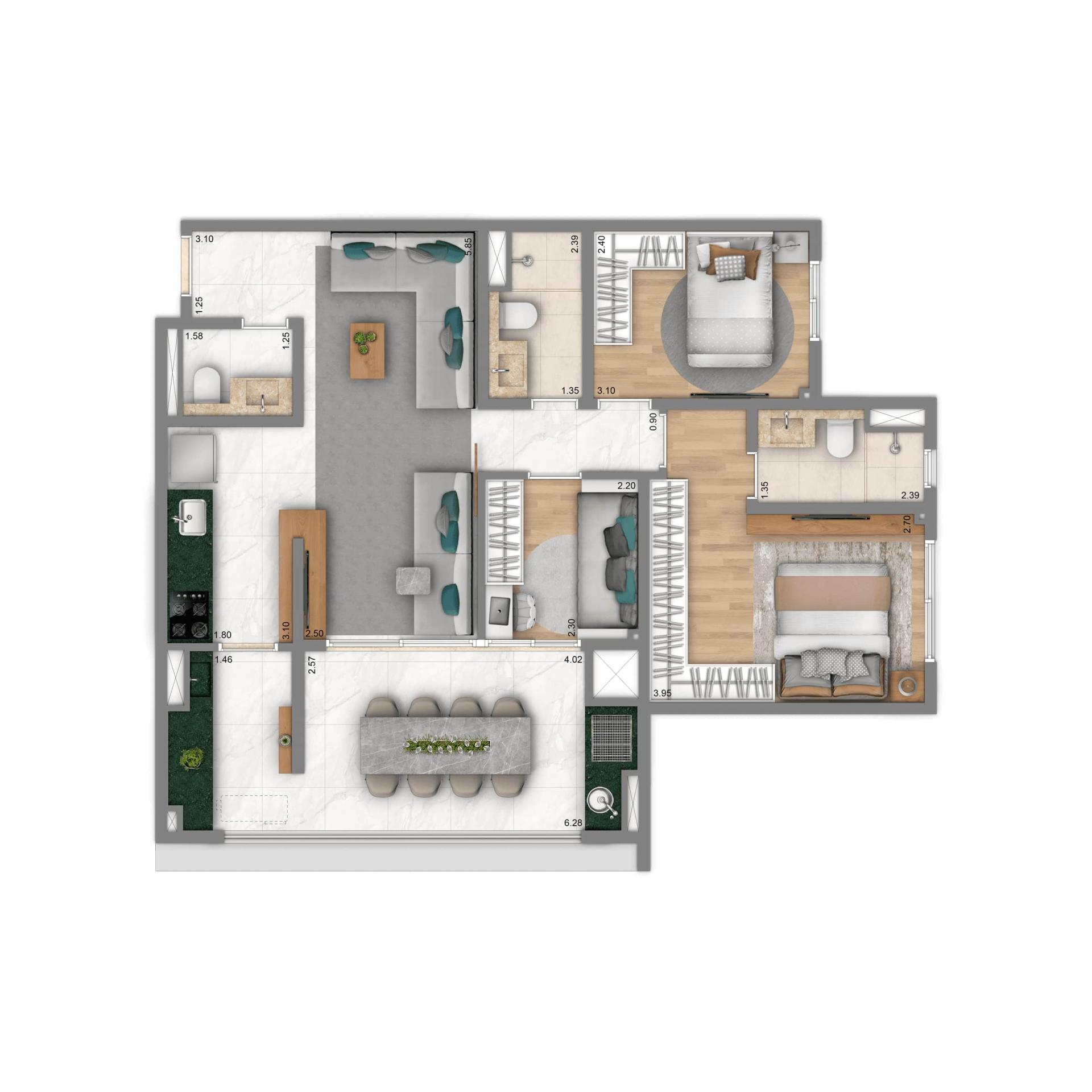 Planta Tipo 84m² | 3 Dorms. | 1 suíte
