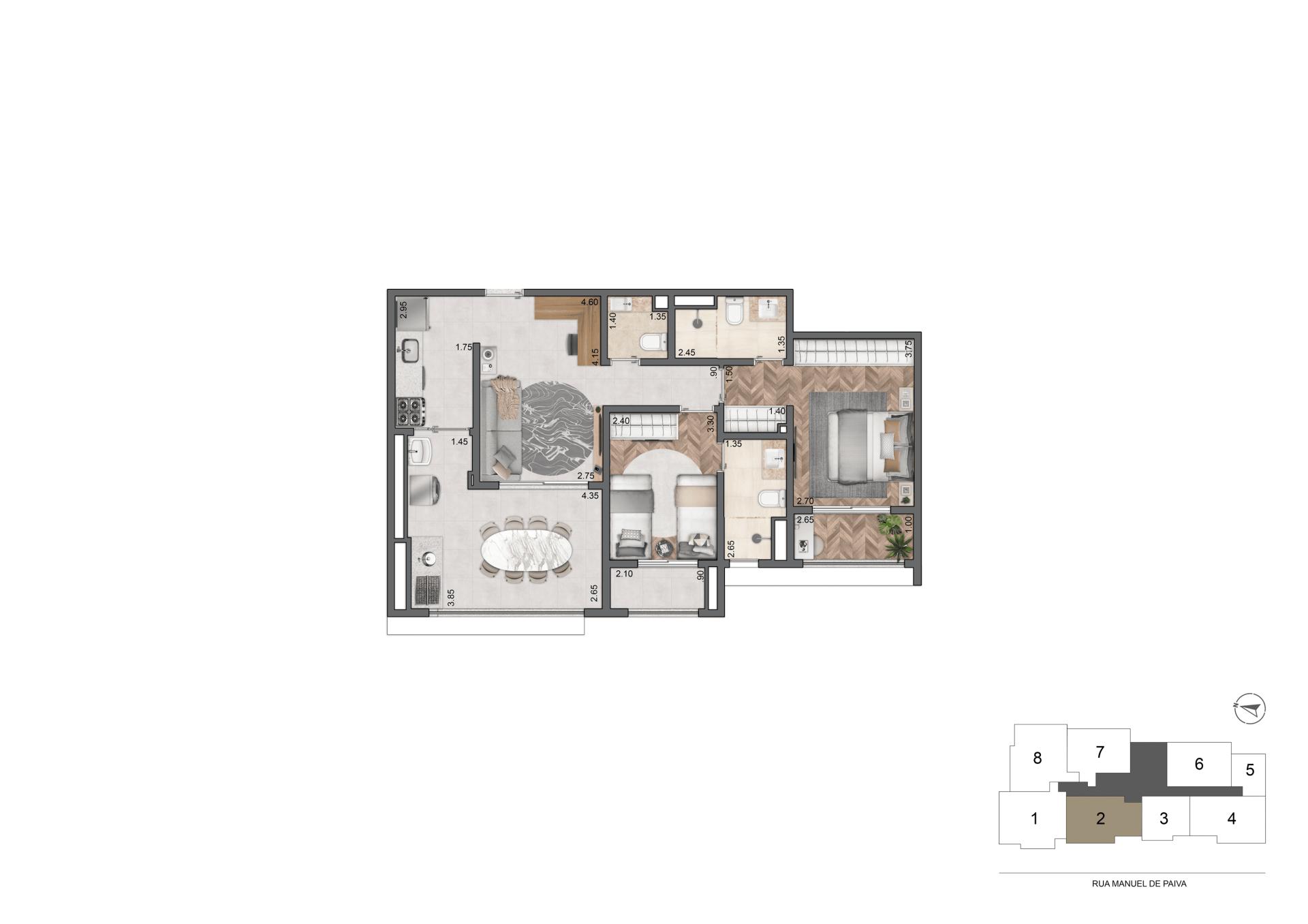 Planta Padrão 77 m²  | 2 Suítes 