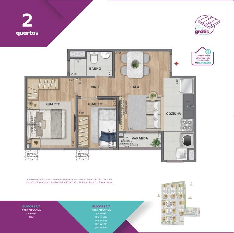 Planta Vivaz Connection Zona Norte - 2 quartos 37,36m²