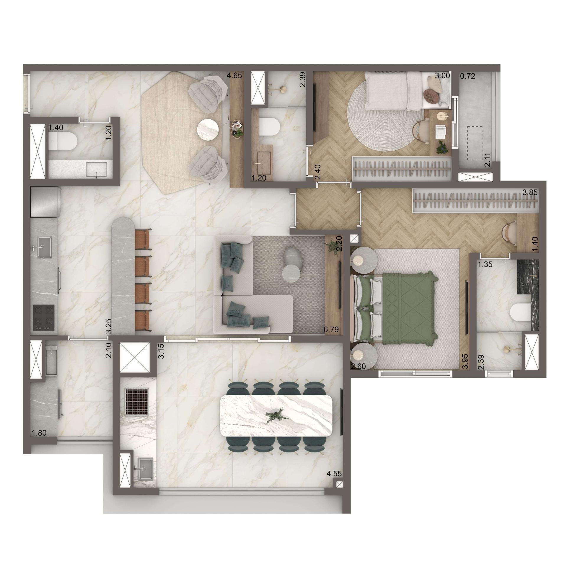 Planta Opção 88m² | Finais 1 e 2 - Bloco A | 2 suítes | Cozinha Integrada | 1 vaga