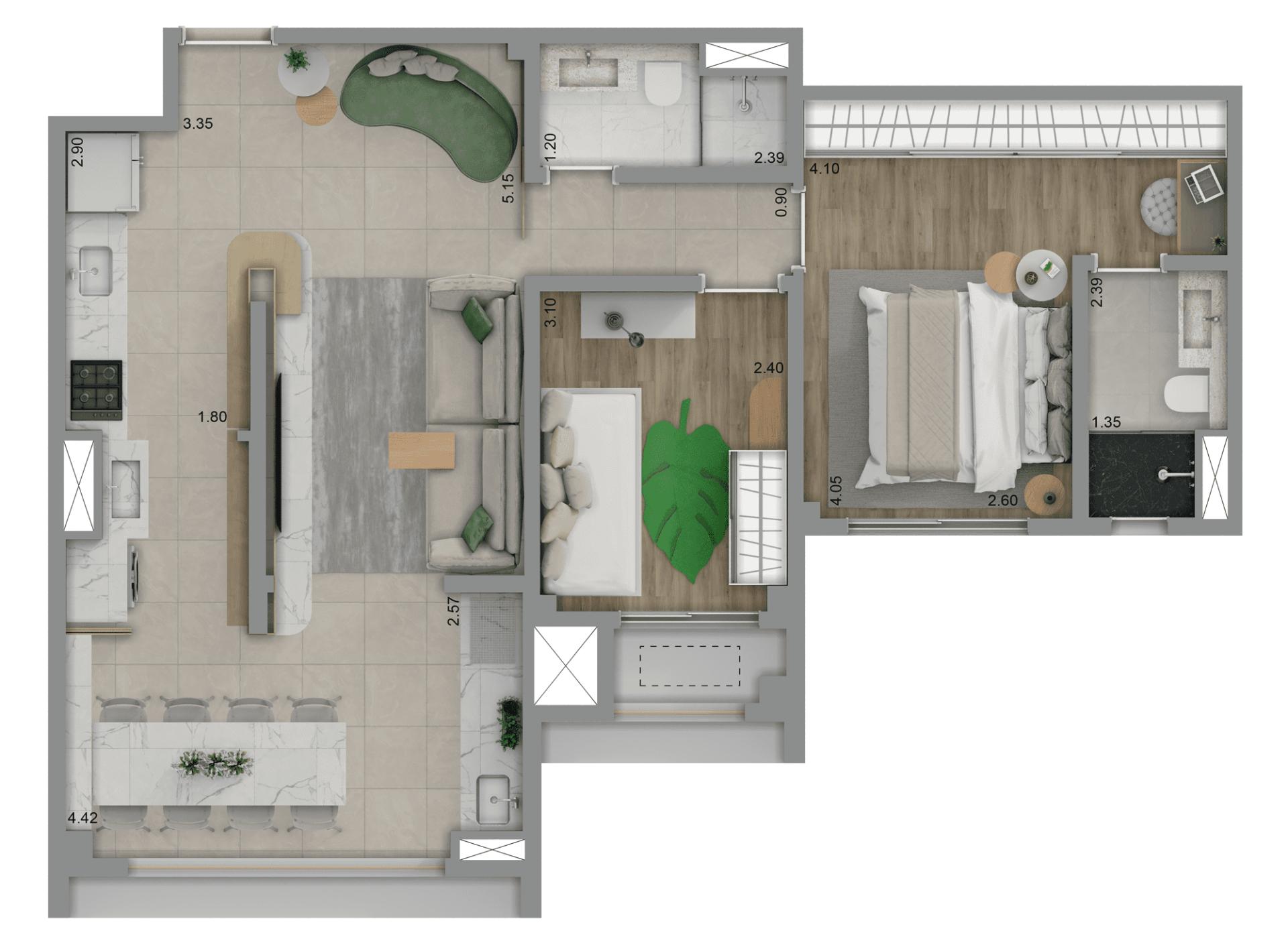 Planta Tipo 72 m² | 2 dorms. | 1 suíte