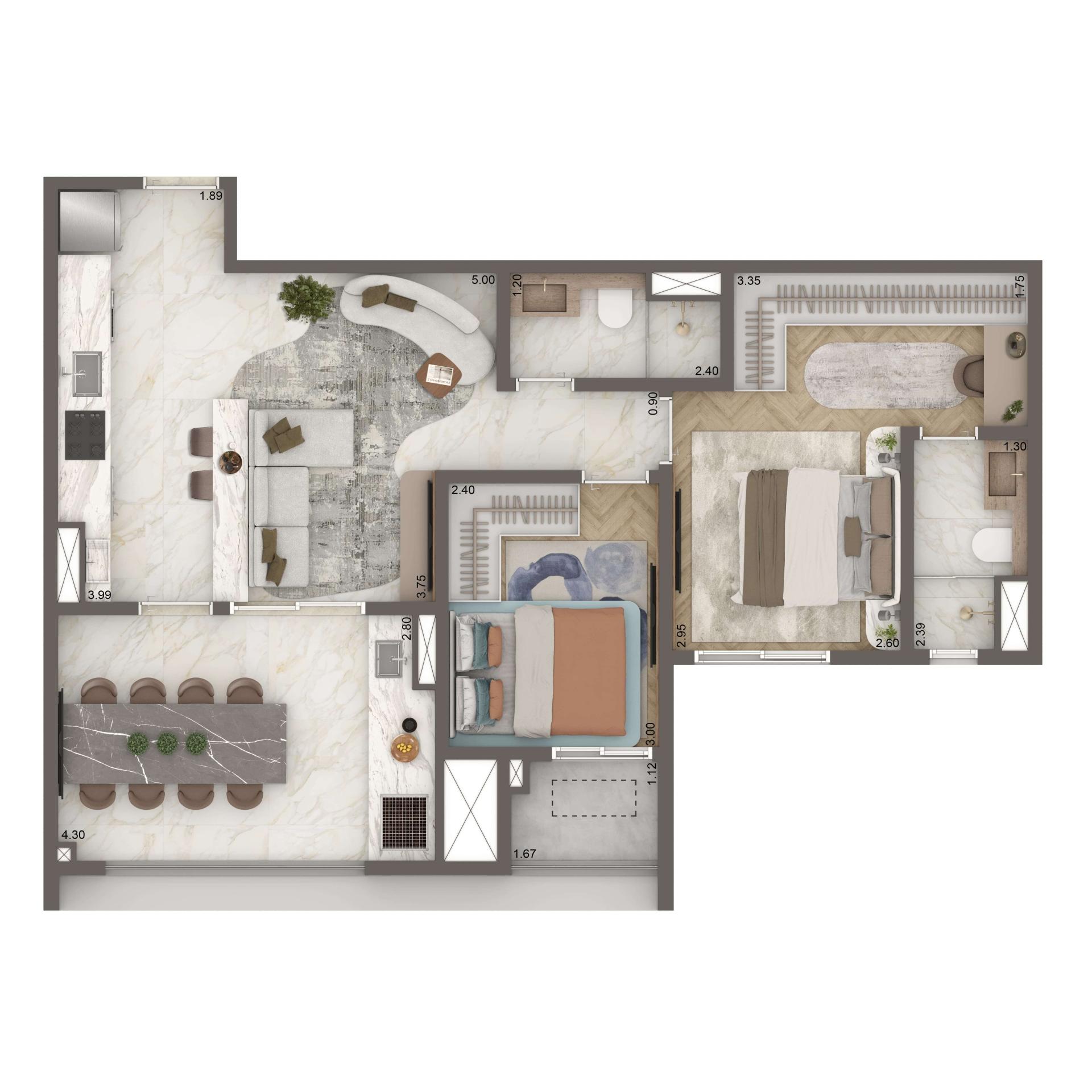 Planta Opção 69m² | 2 dorms. | 1 suíte | Cozinha Integrada | 1 vaga