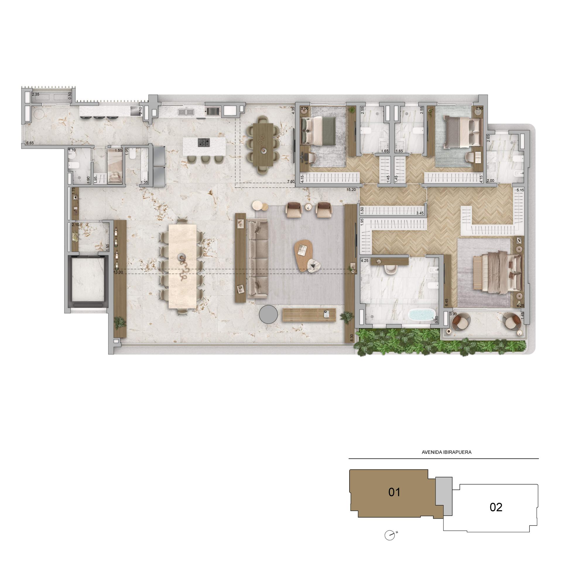 Planta Opção 320m² | 3 Suítes + Cozinha e Sala Ampliadas