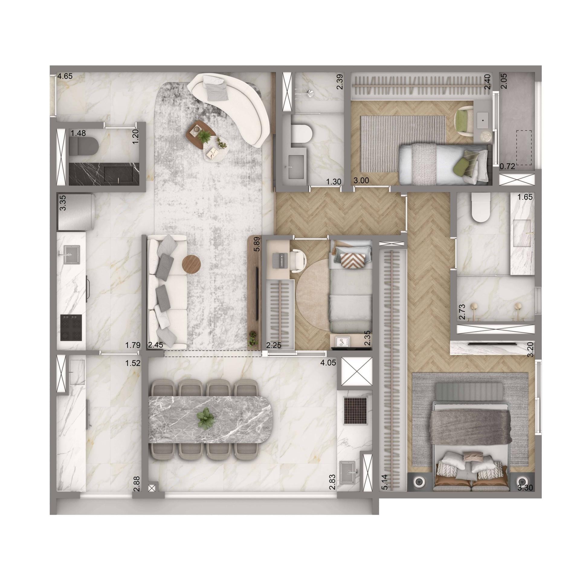 Planta Opção 93m² | 3 dorms. | 1 suíte | Cozinha Fechada | 1 vaga