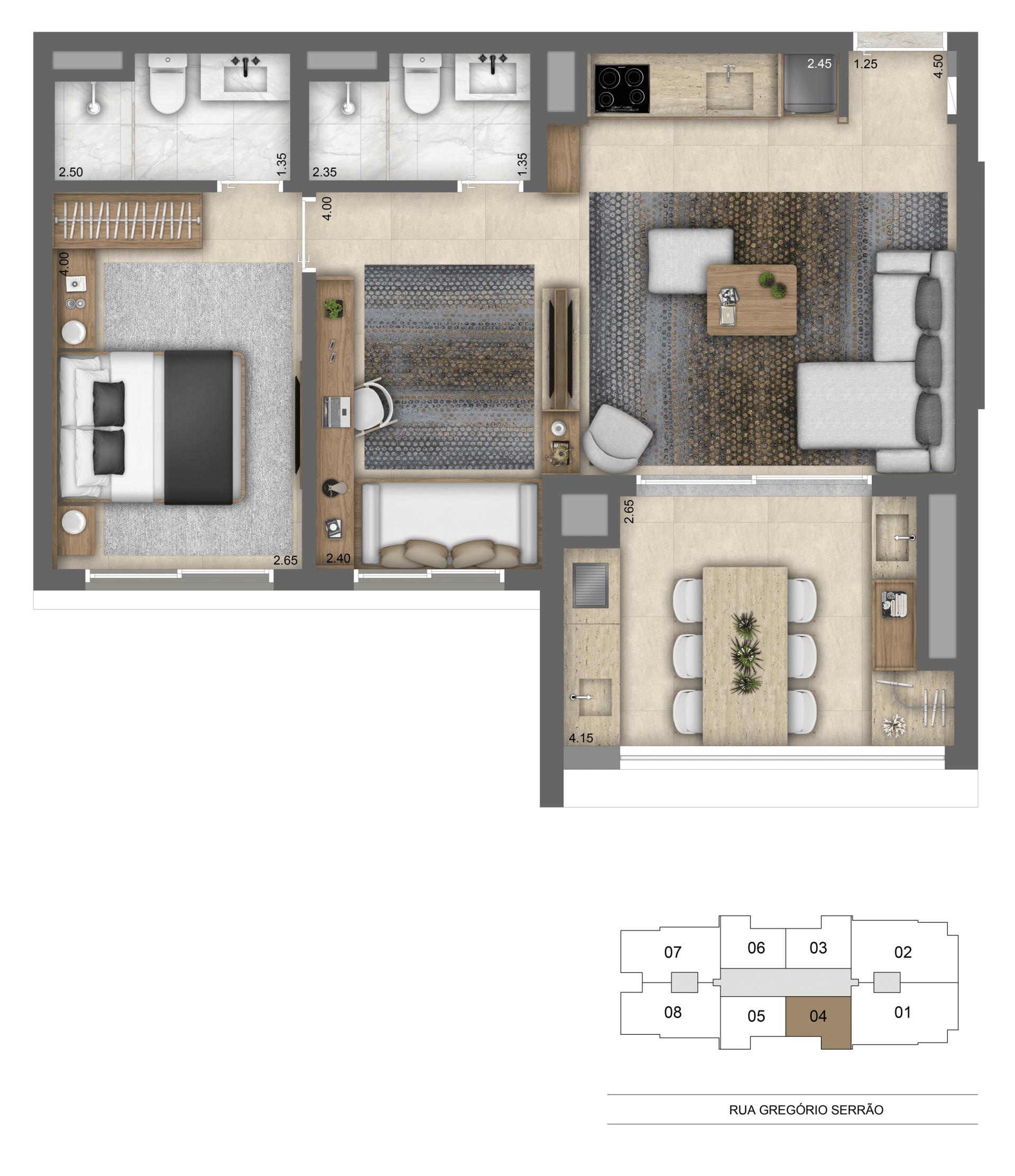Planta opção 65 m² | 1 suíte
