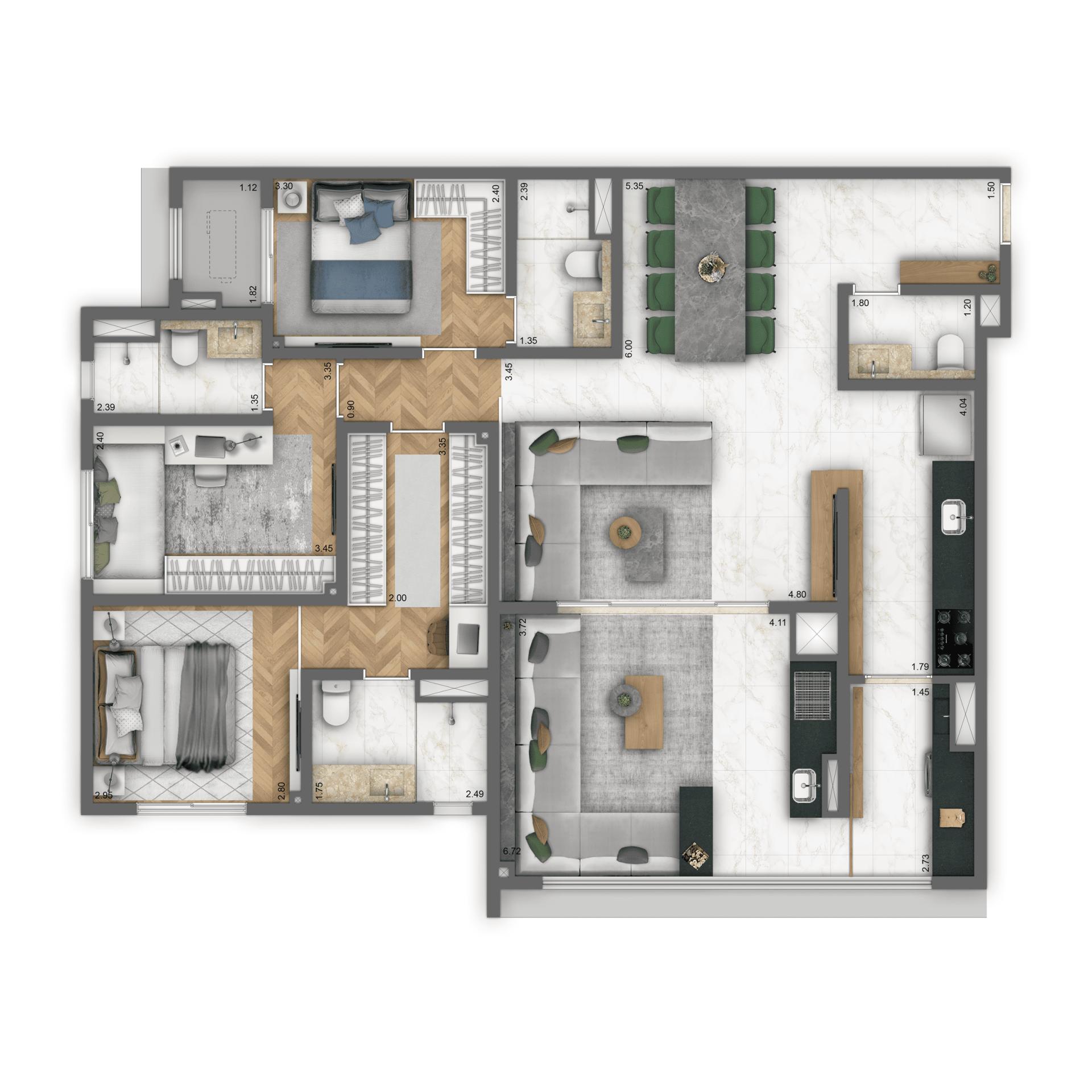 Planta Tipo 120 m² | 3 suítes