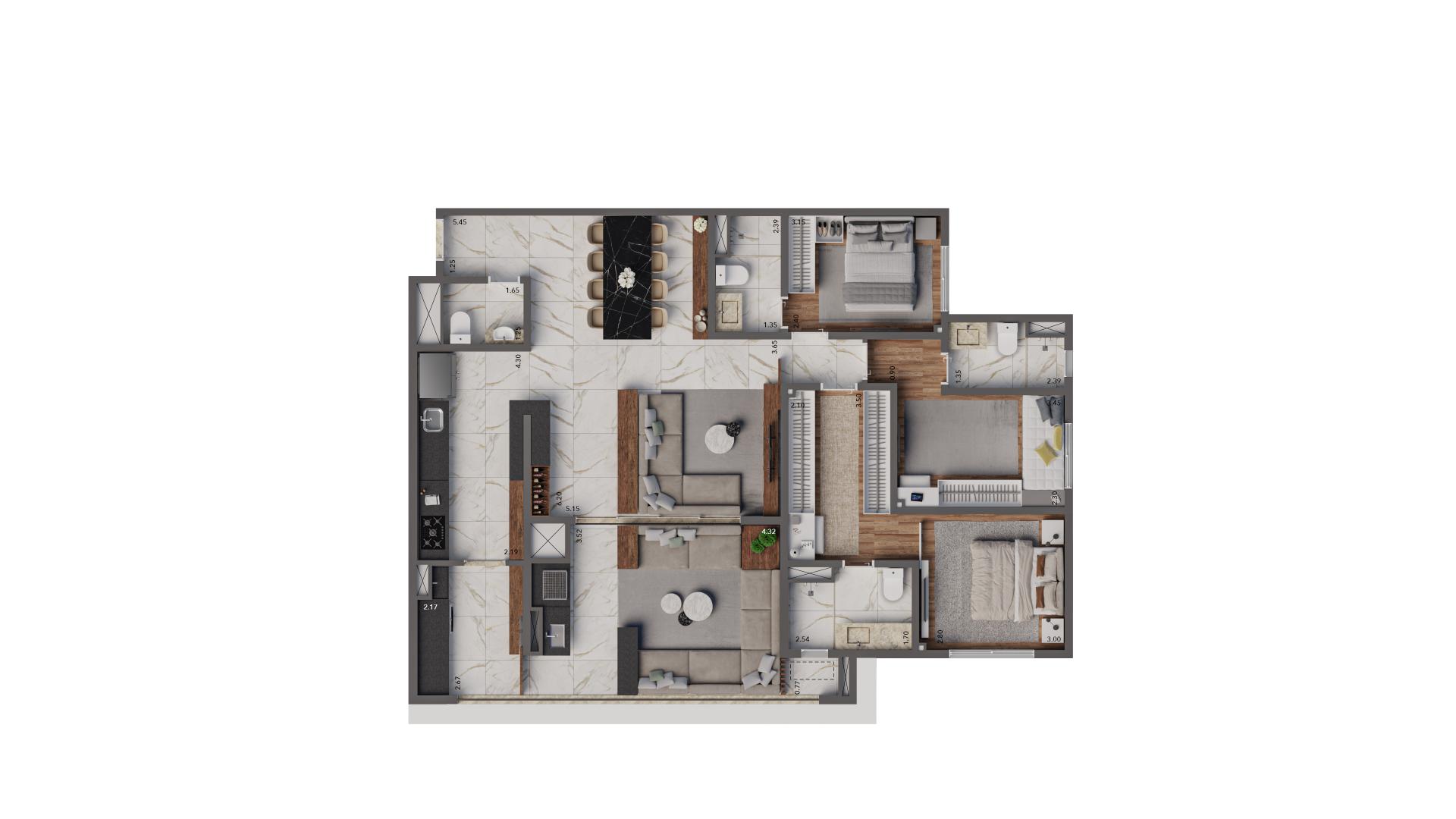 Planta Tipo 125 m² | 3 suítes | Sala ampliada