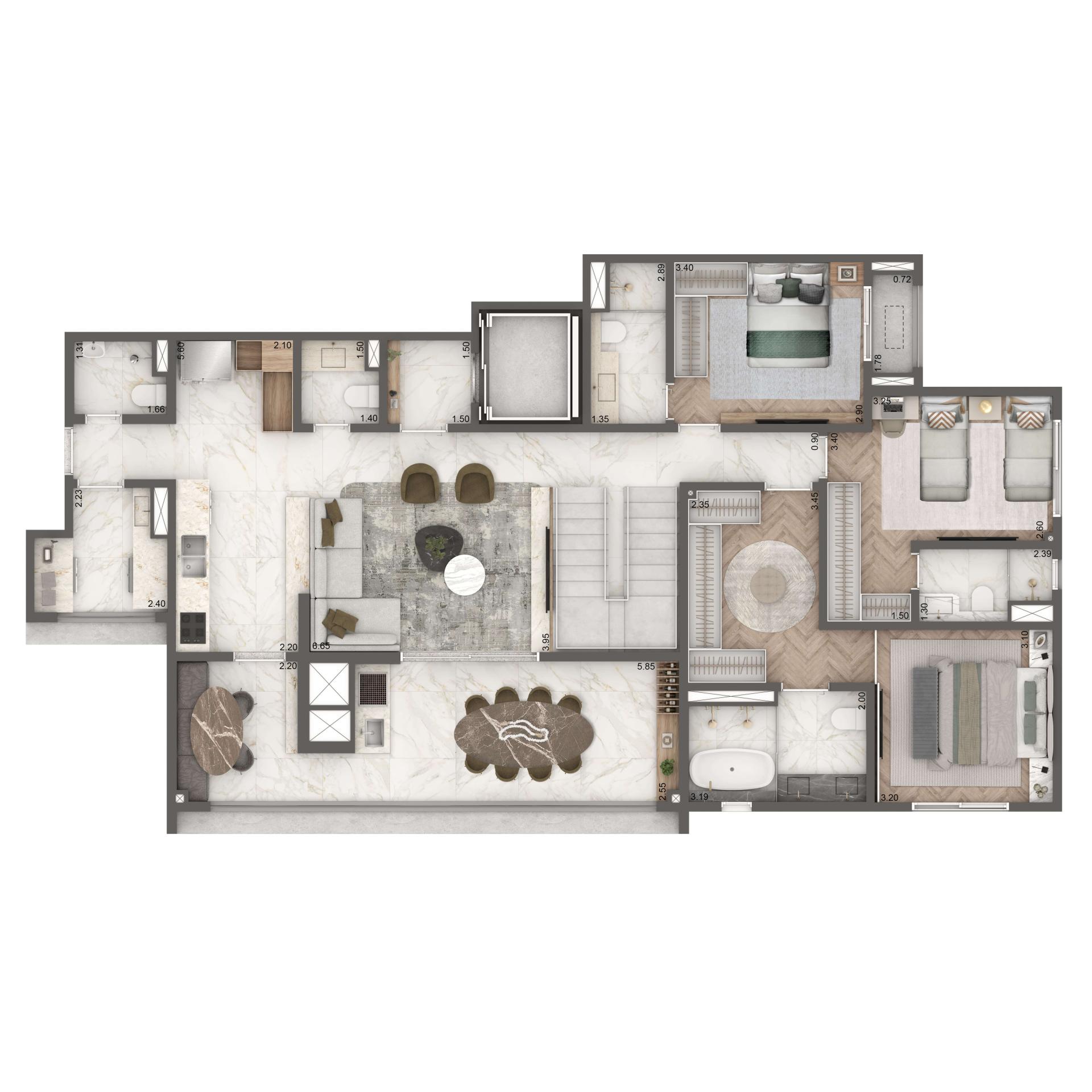 Planta Duplex Inferior 265m² | 3 suítes | Cozinha Integrada e WC de Serviço