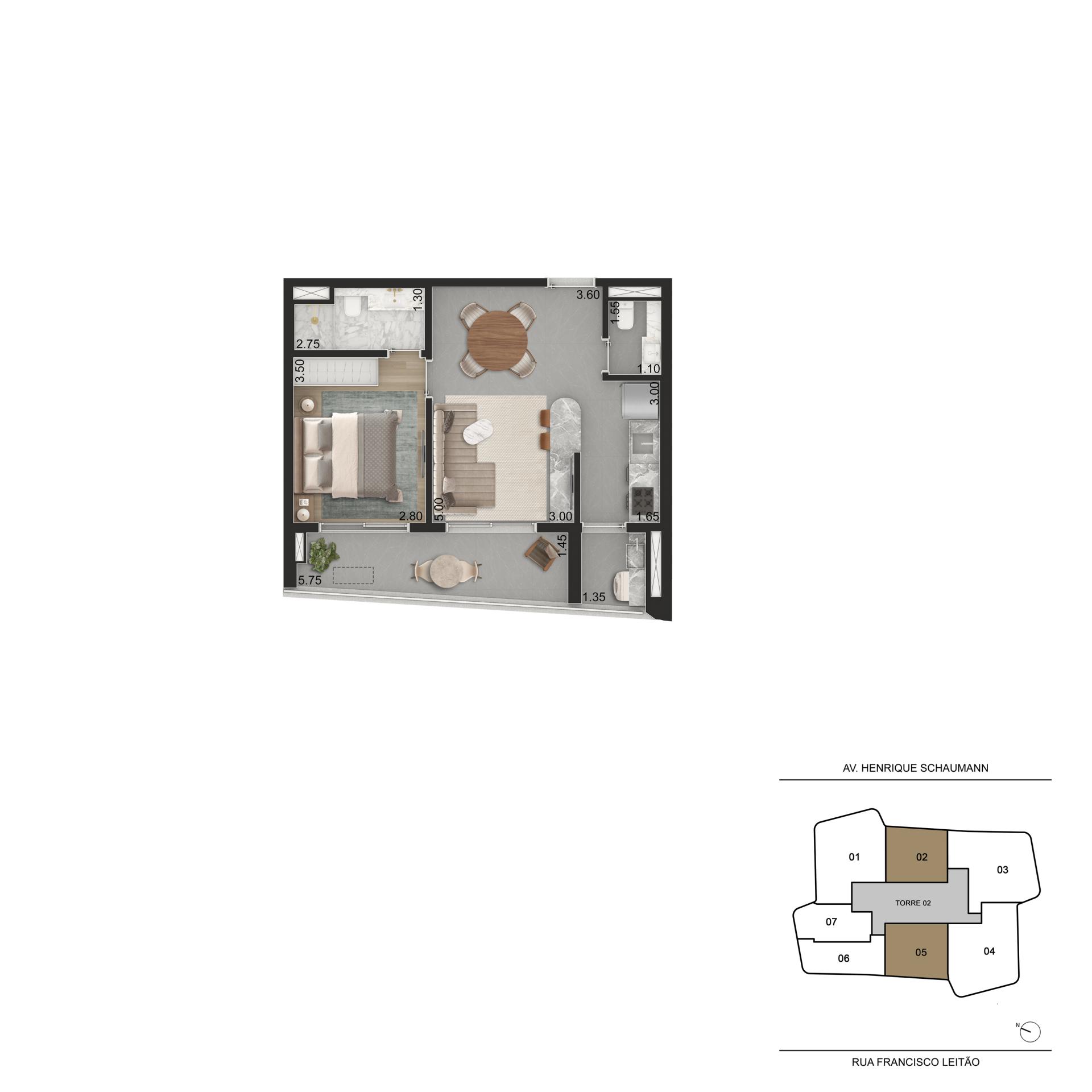 PLANTA PADRÃO 55m² - 2 suítes