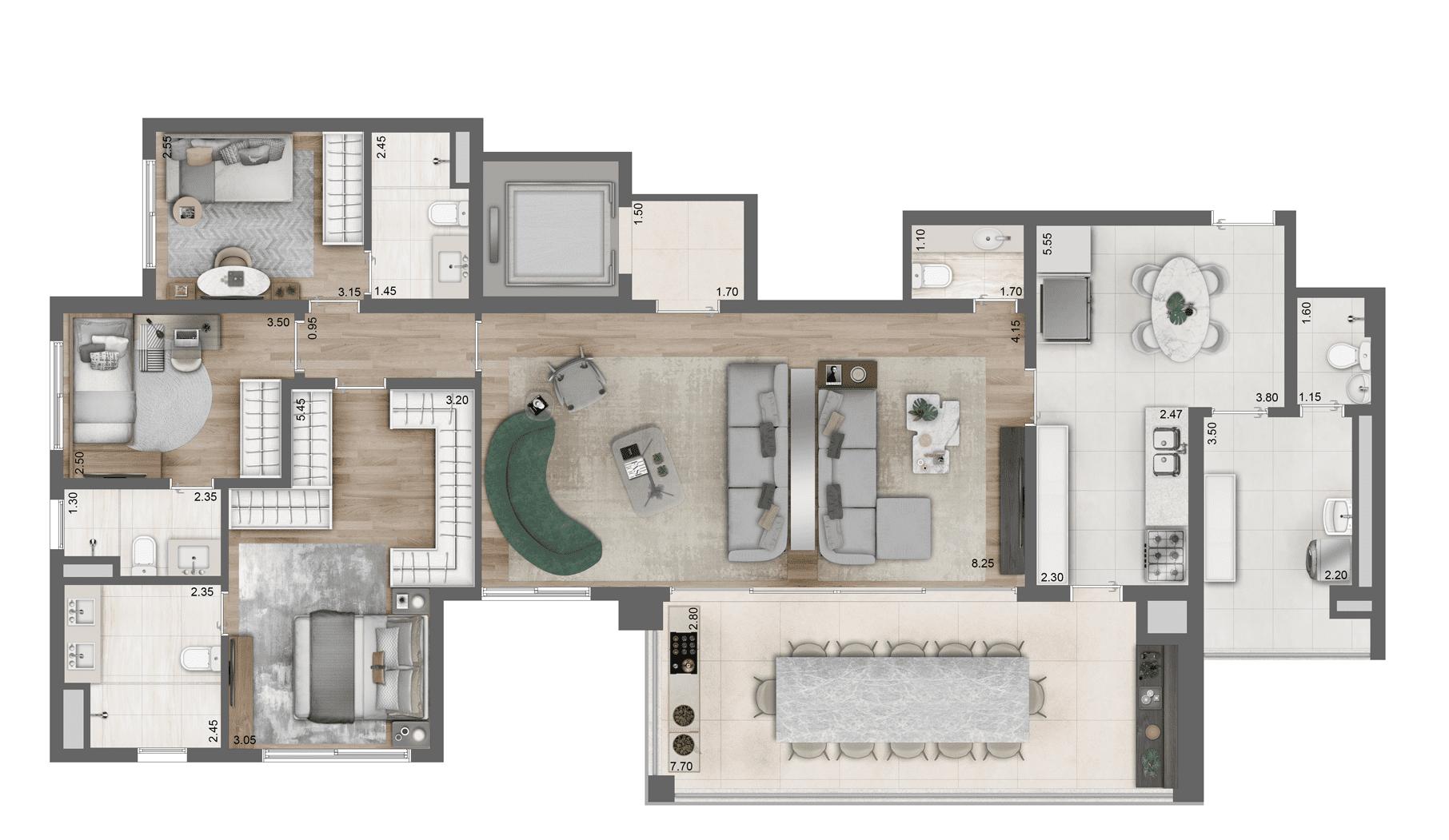 Planta Opção 157 m² | 3 Suítes