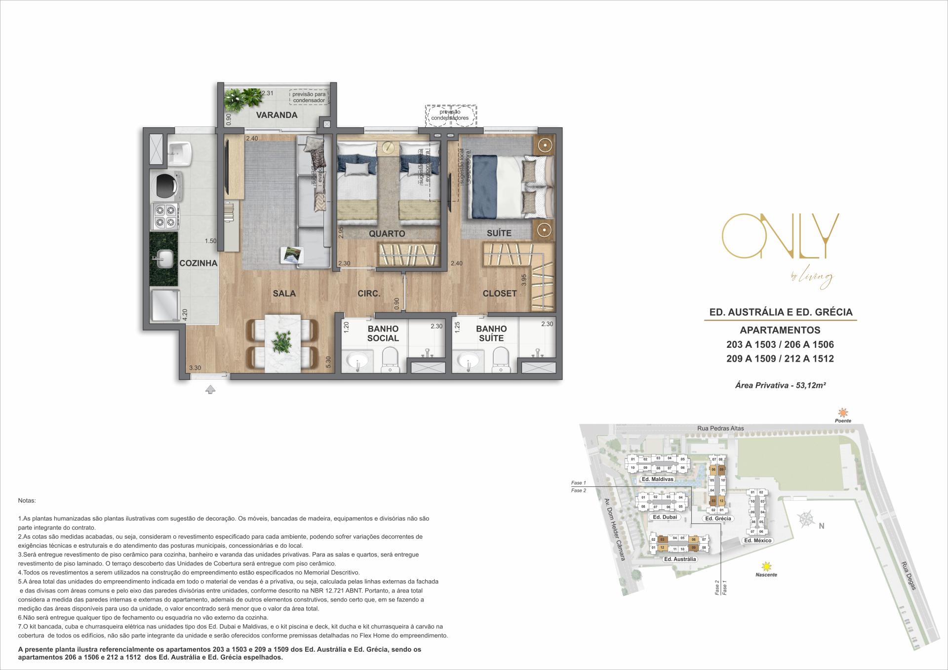 2 Quartos 1 Suíte - Área privativa: 53,12m²