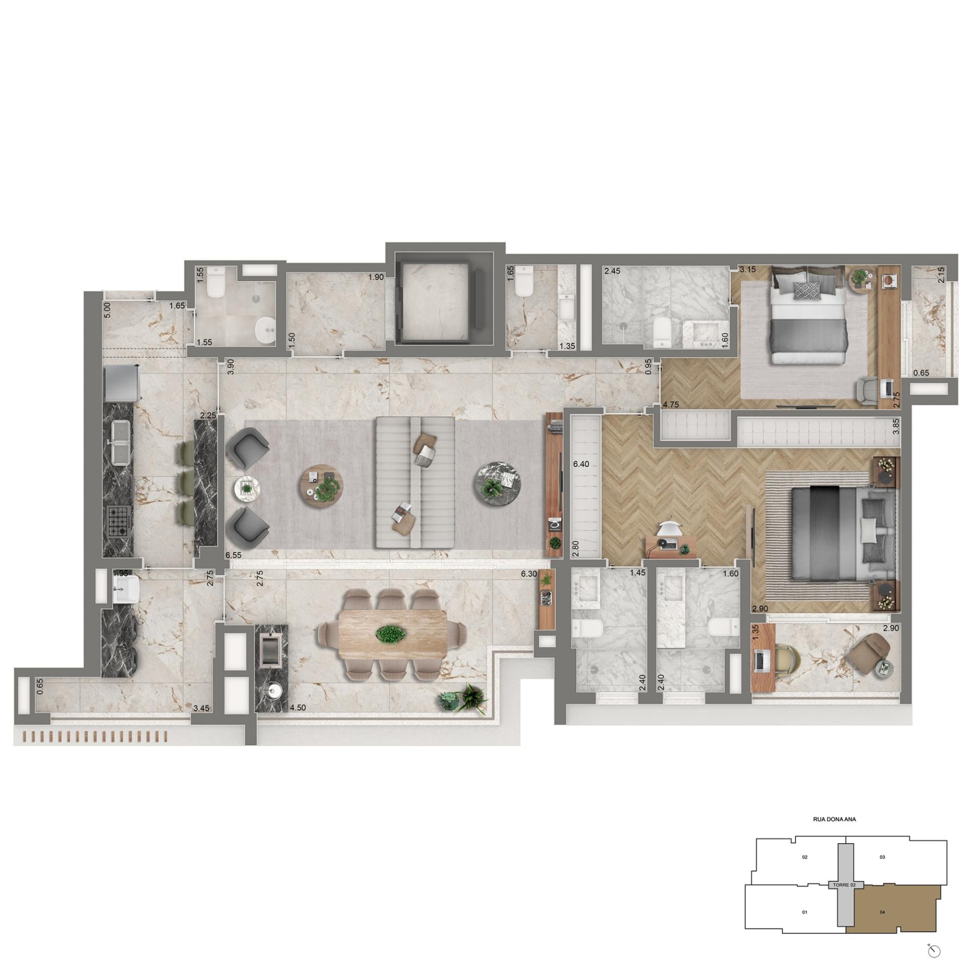 Planta Padrão 2 Suítes + Sala Ampliada | 139m²