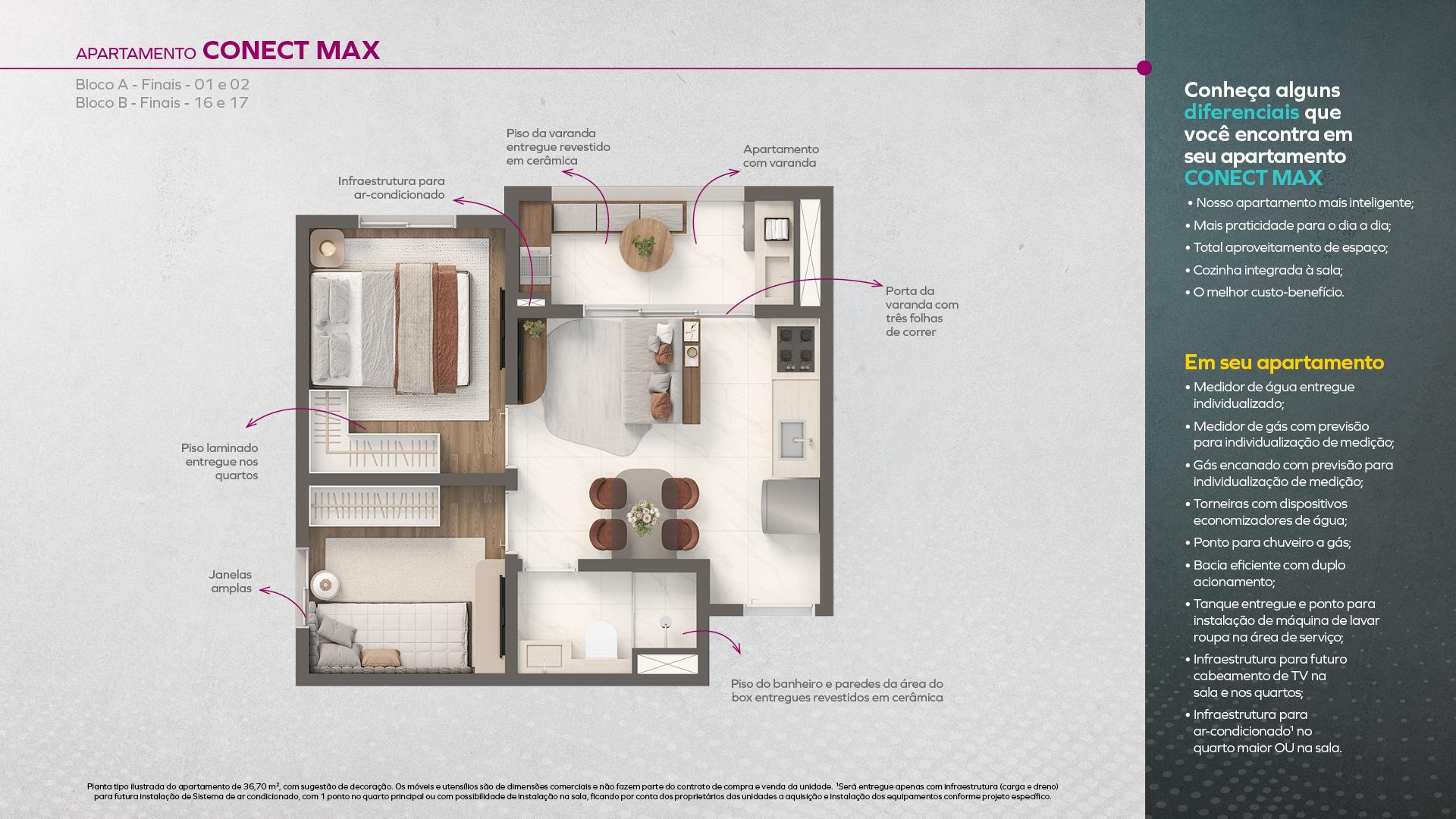 APARTAMENTO CONECT MAX - BLOCO A (FINAIS 02 e 02) e BLOCO B (FINAIS 16 E 17)