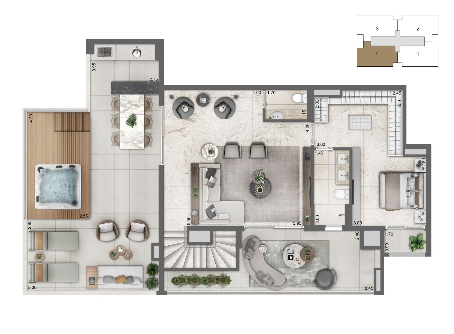 Planta Duplex Pavimento Superior 267 m² | 4 suites