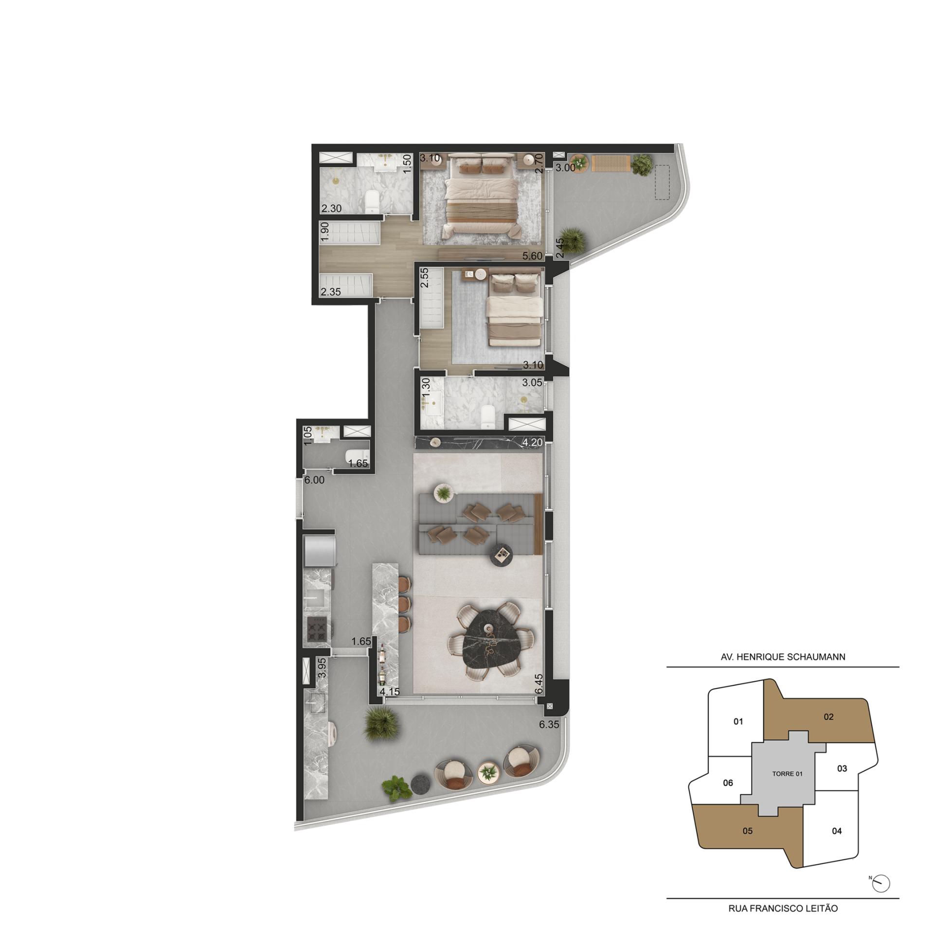 PLANTA PADRÃO 105m² - 2 suítes