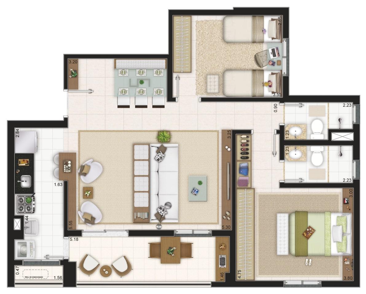 Planta-tipo 84 m² | 2 Dorms (1 suíte)
