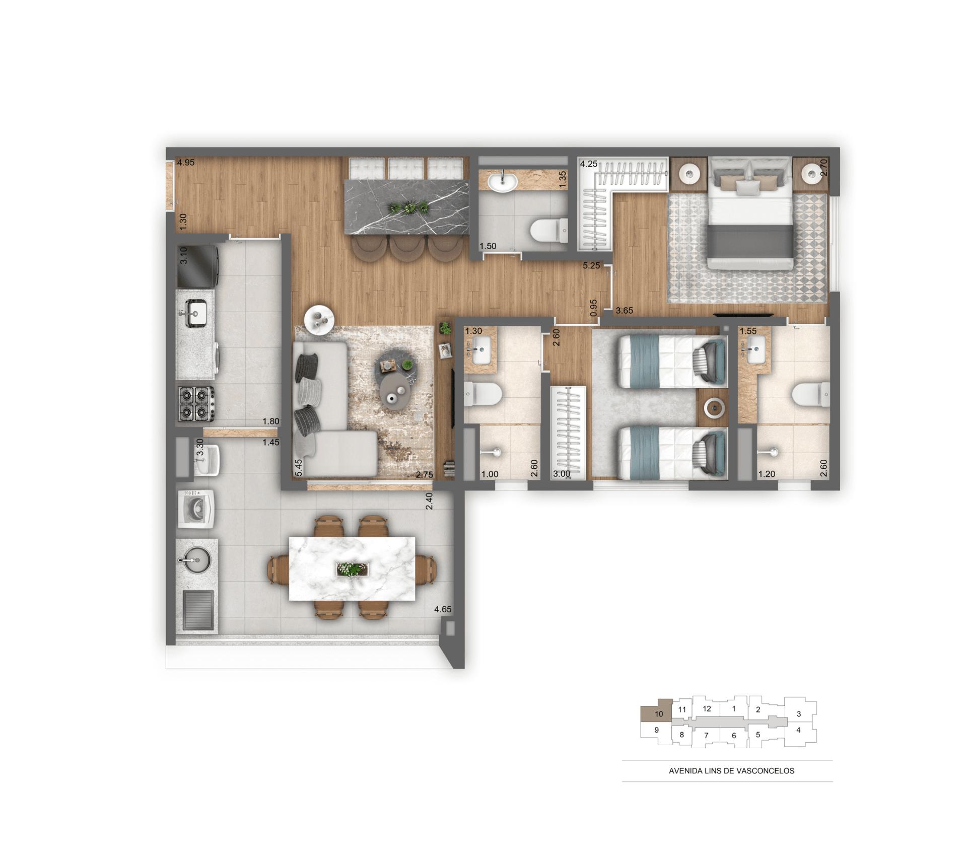Planta-tipo 75 m² | 2 Suítes