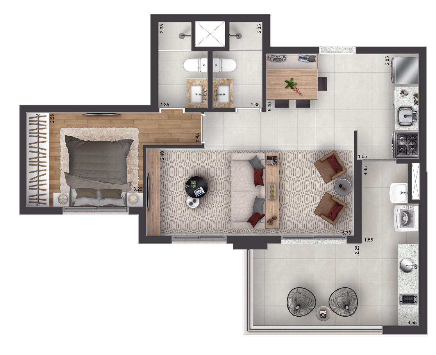 Planta opção 66 m² | 1 suíte - Torre View