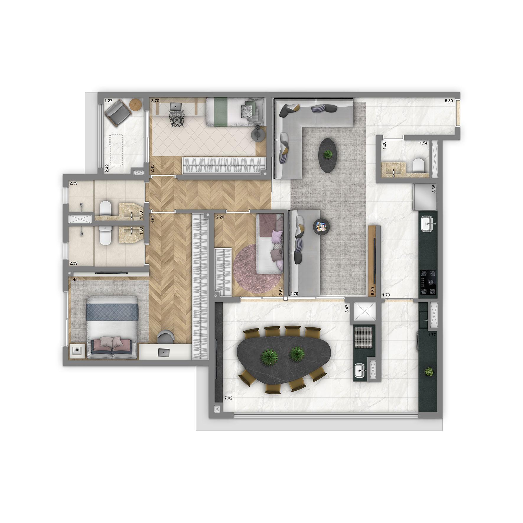 Planta-tipo 110 m² | 3 dorms.