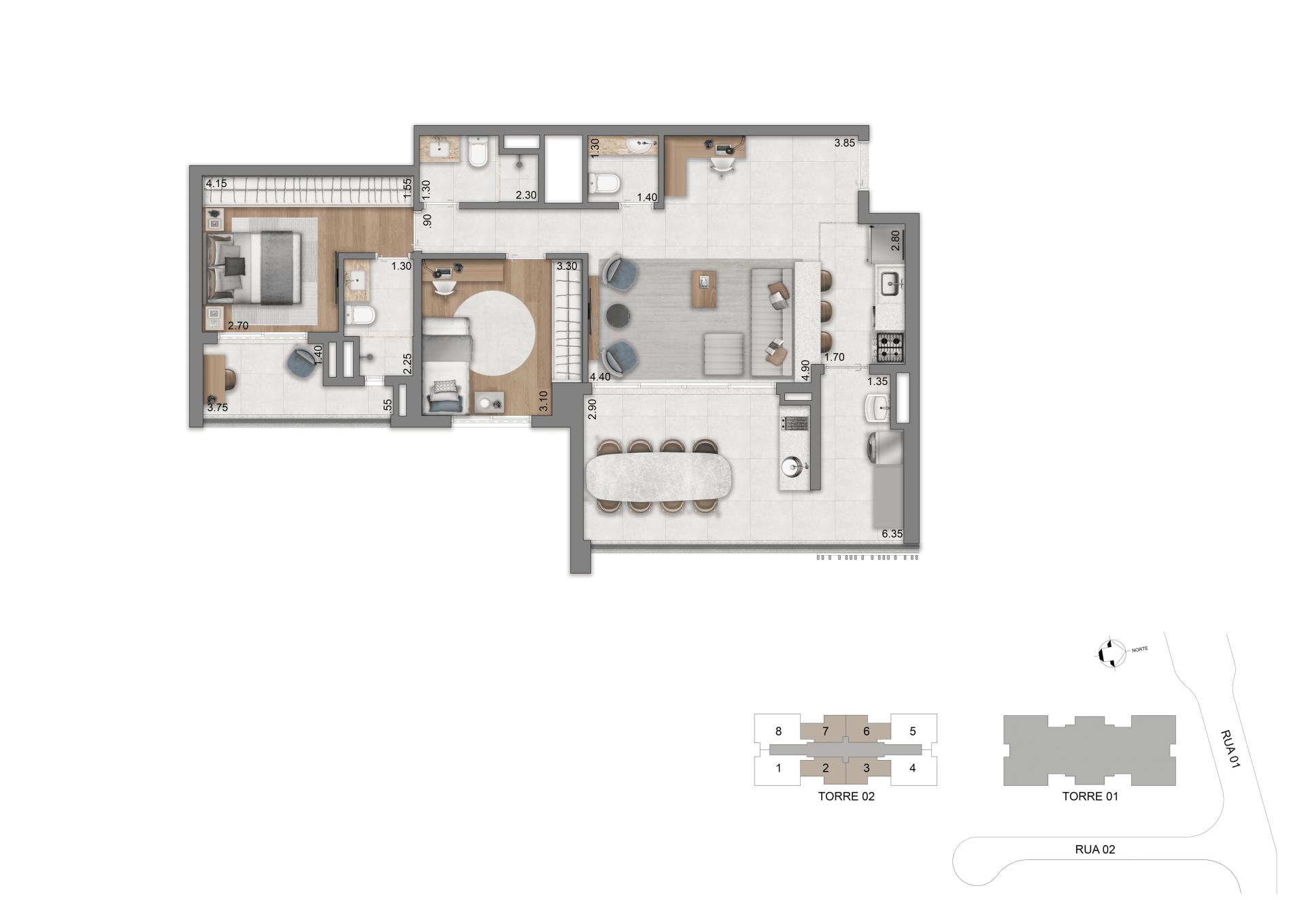 Planta opção 94 m² | 3 Dorms. (1 suíte)
