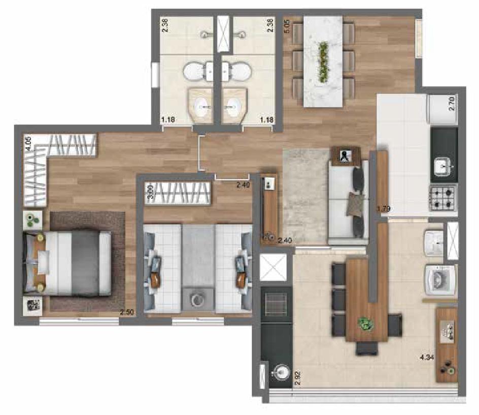 Planta 64 m² | 2 Dorms. | 1 suíte